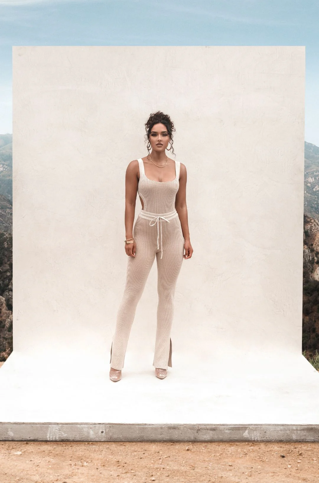 Taupe/White Deana Ribbed Bodysuit