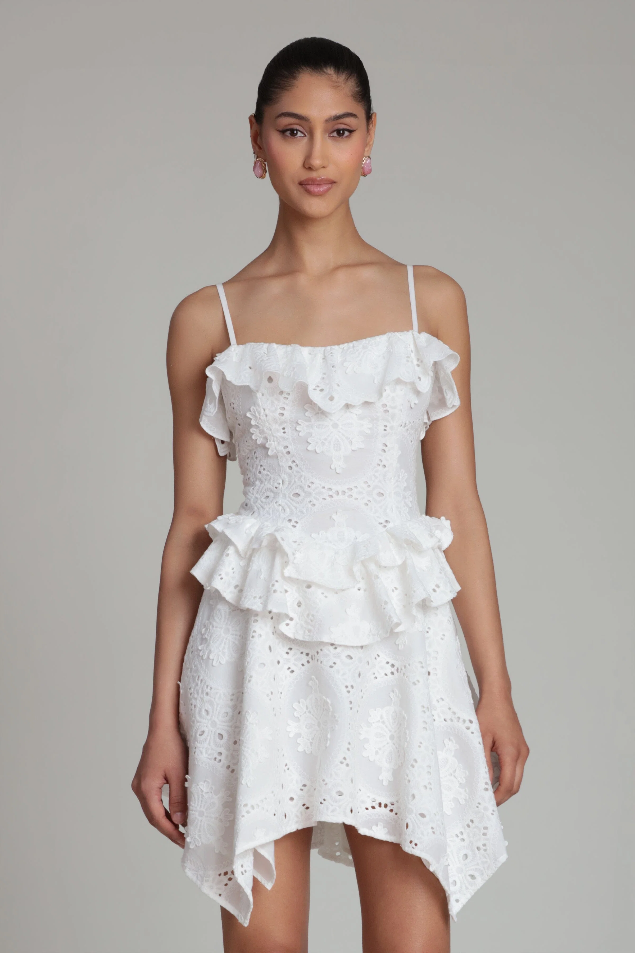 Broderie Anglaise Cotton Ruffle Mini Dress