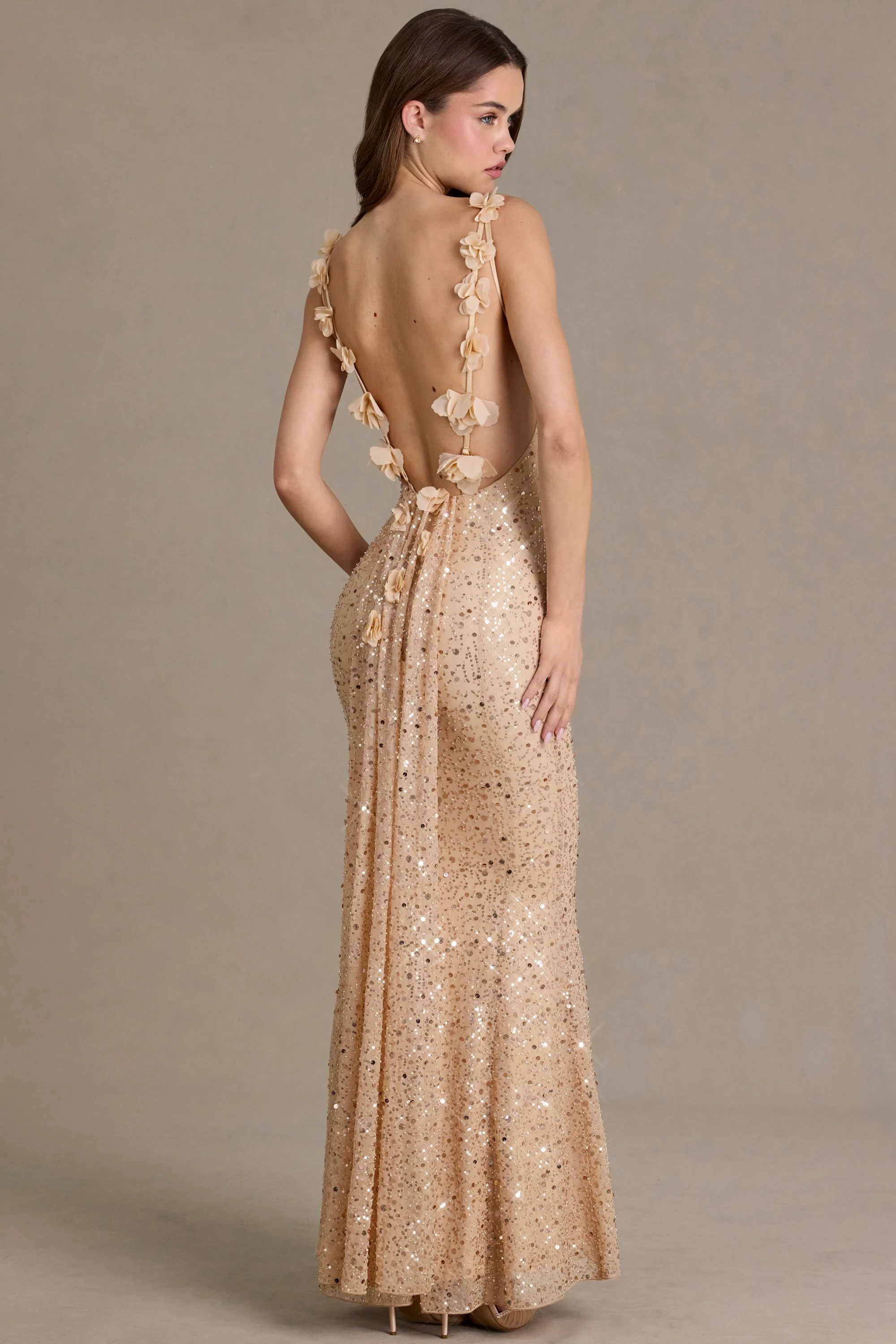 Embellished Open-Back Maxi Dress in Gold