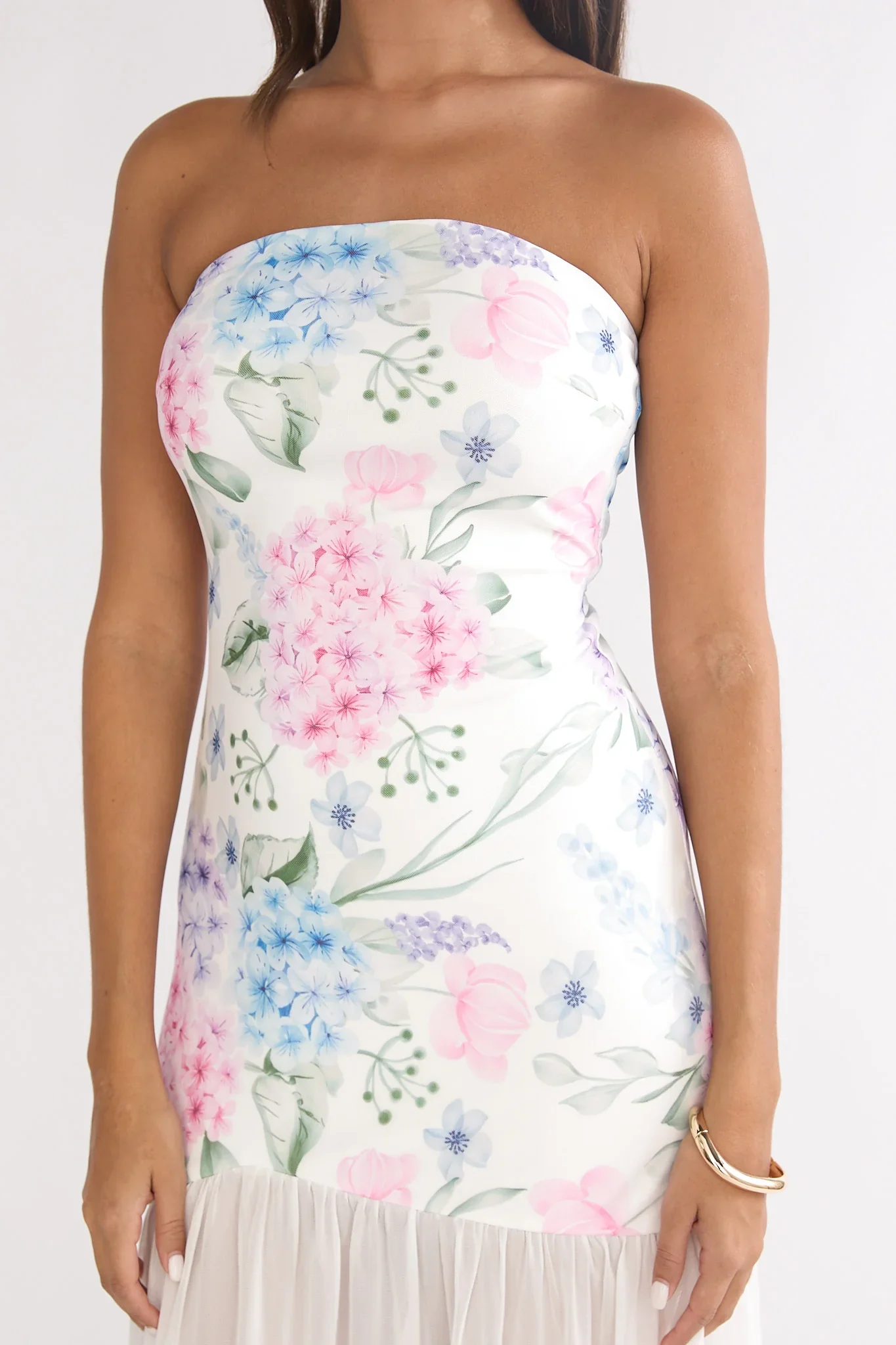 Wilma Sheer Hem Strapless Maxi Dress Flowers Blue