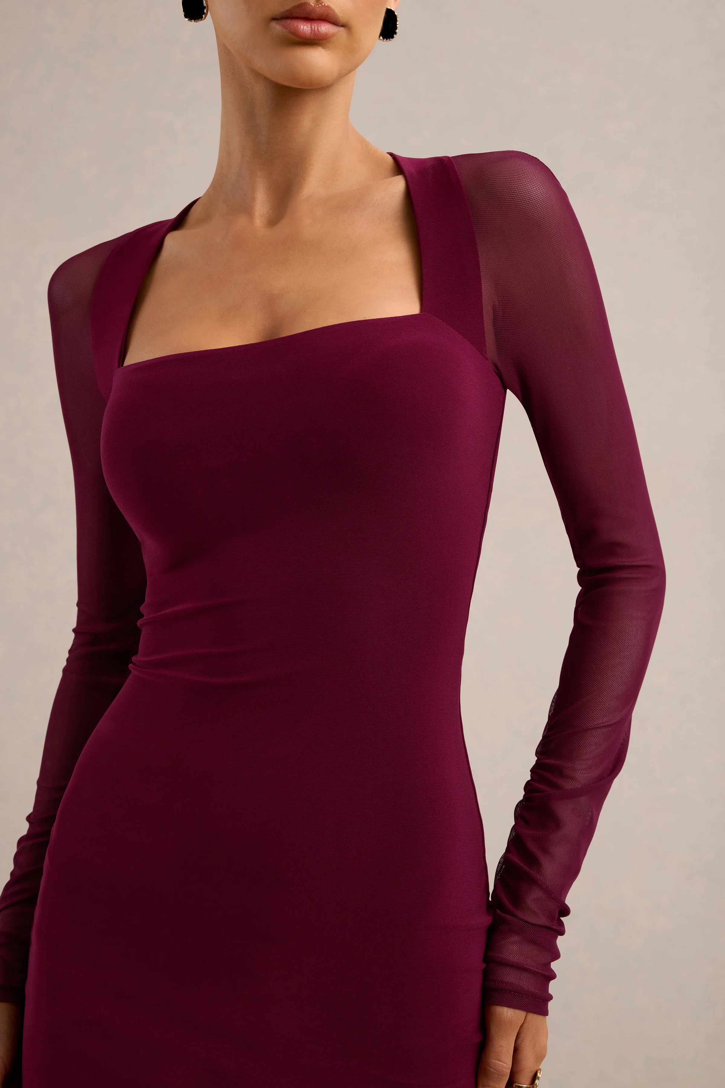 Alisse | Burgundy Jersey Square Neck Mini Dress With Sheer Mesh Sleeves