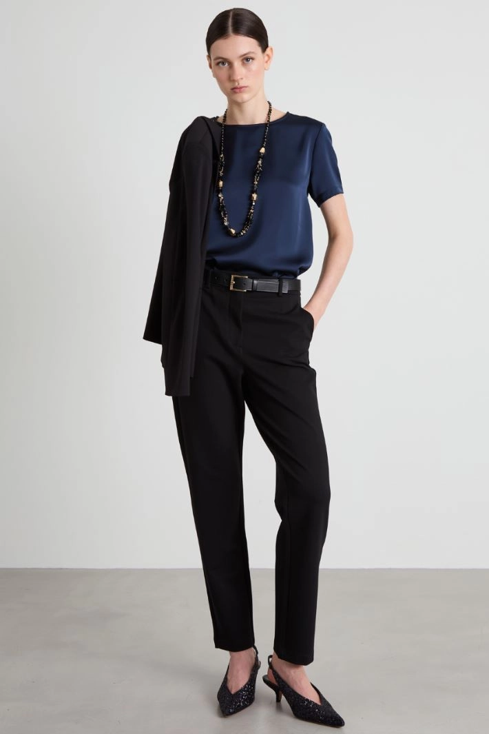 Bi-material top in satin and jersey - BLUE