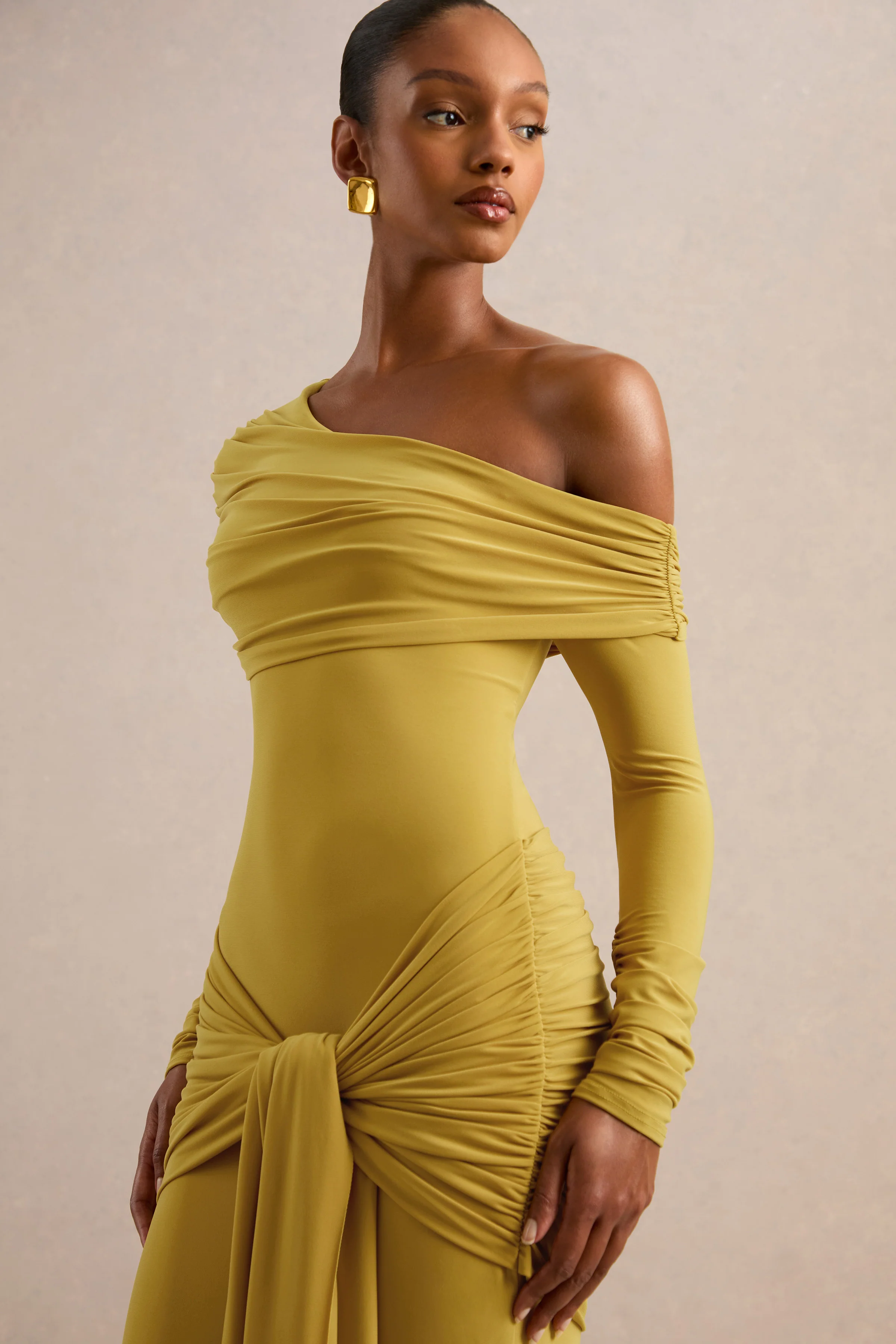 Avonlea | Mustard Jersey Ruched One Shoulder Long Sleeve Maxi Dress With Sash
