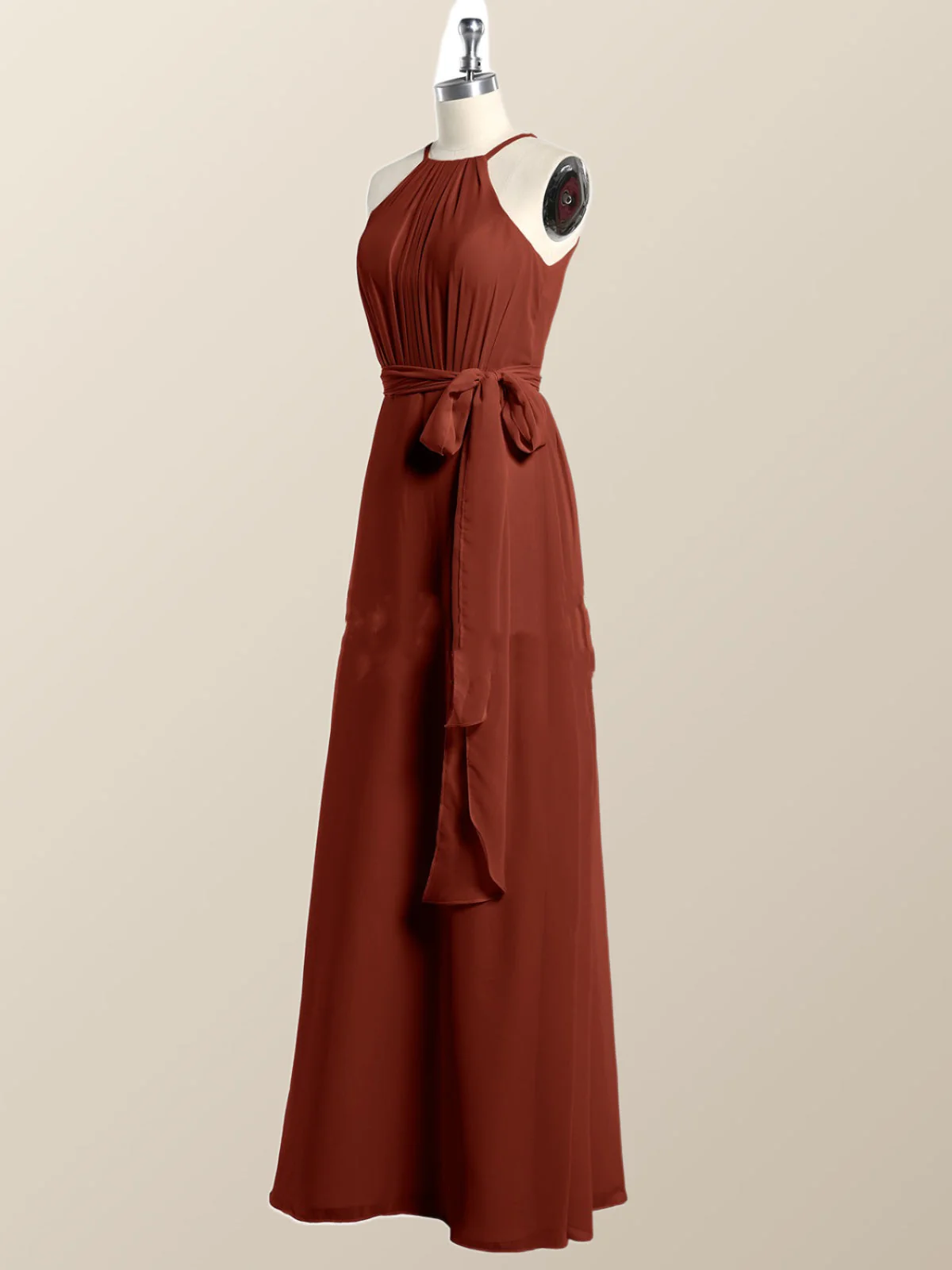 Halter Burgundy Chiffon A-line Long Bridesmaid Dress