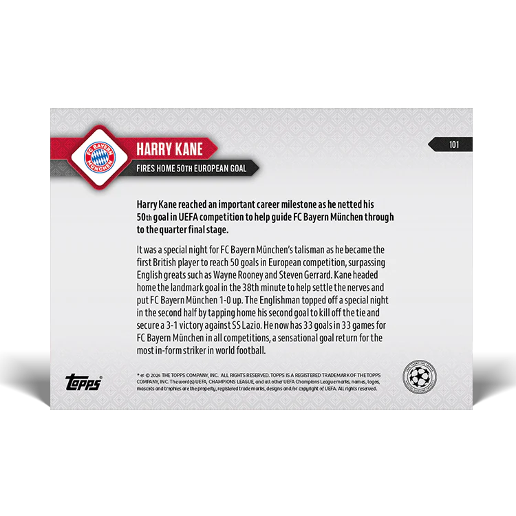 Topps UK - Harry Kane - Fires home 50th European goal - UCL TOPPS NOW® Card #101