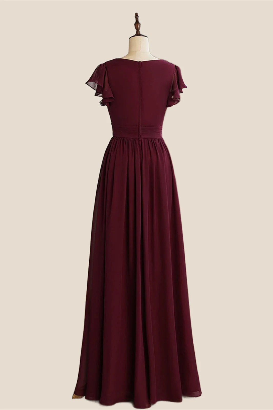 Ruffle Sleeves Burgundy Chiffon Long Bridesmaid Dress