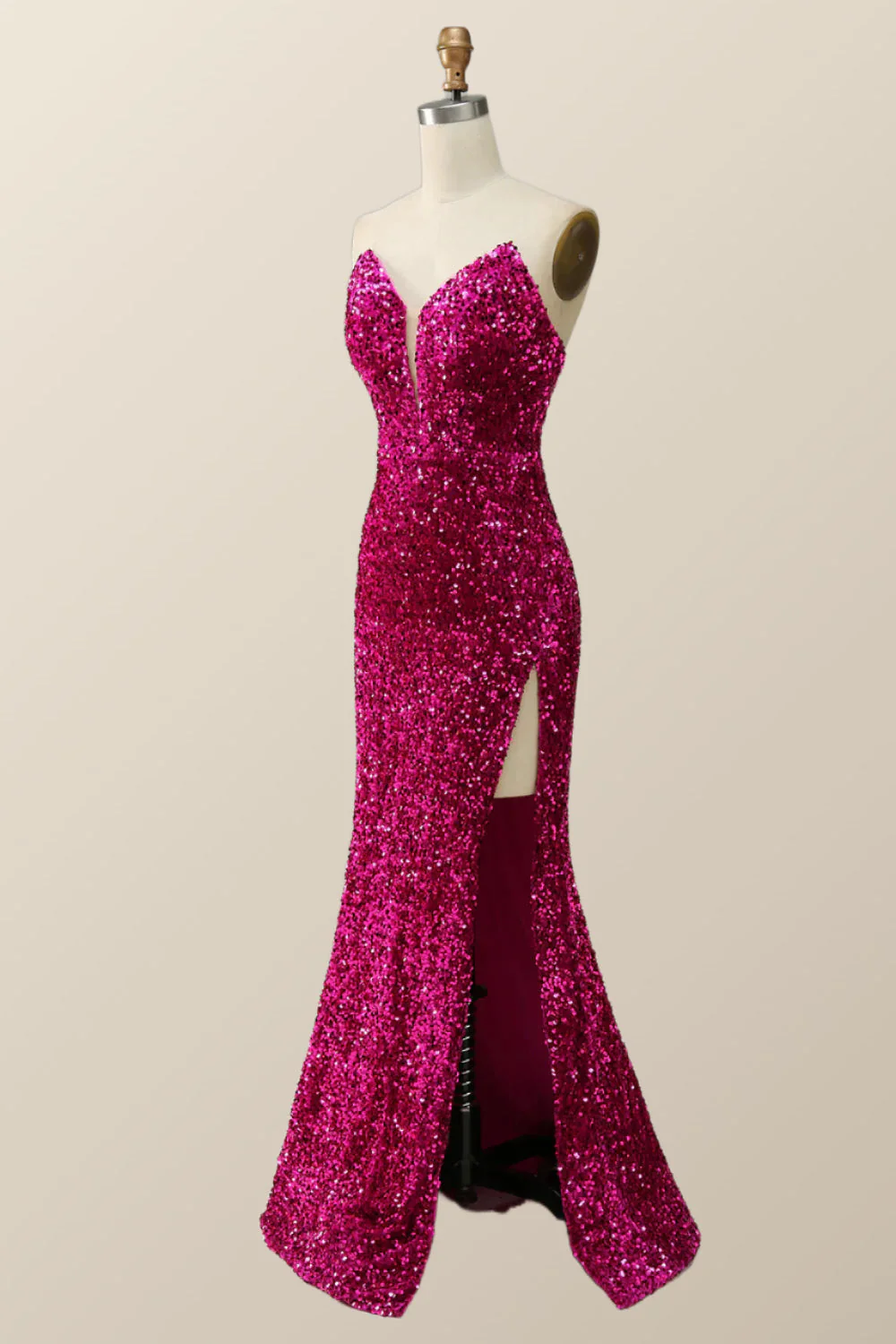Strapless Fuchsia Sequin Mermaid Long Formal Dress