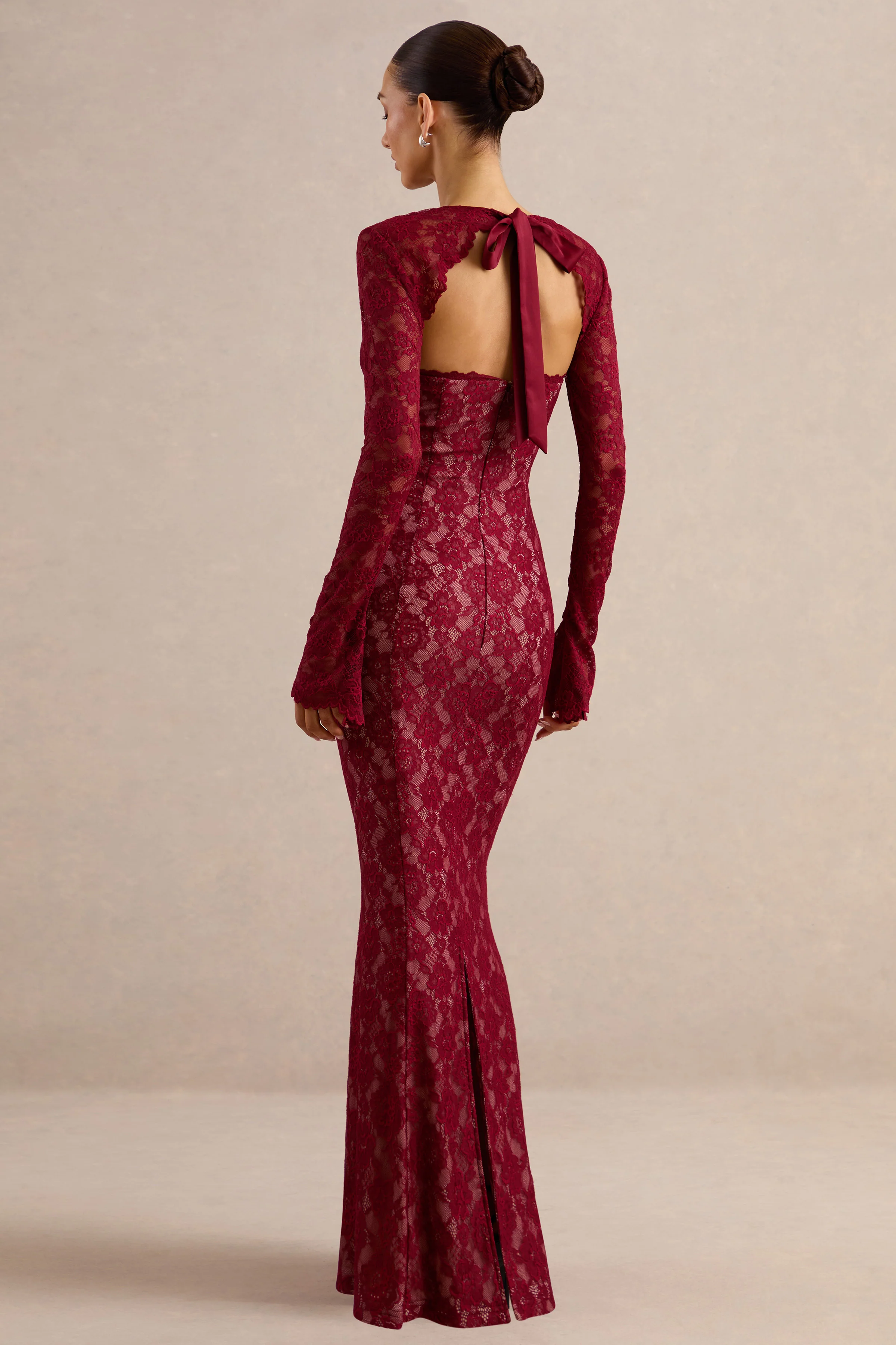 Mirellia | Dark Red Lace Sweetheart-Neck Maxi Dress