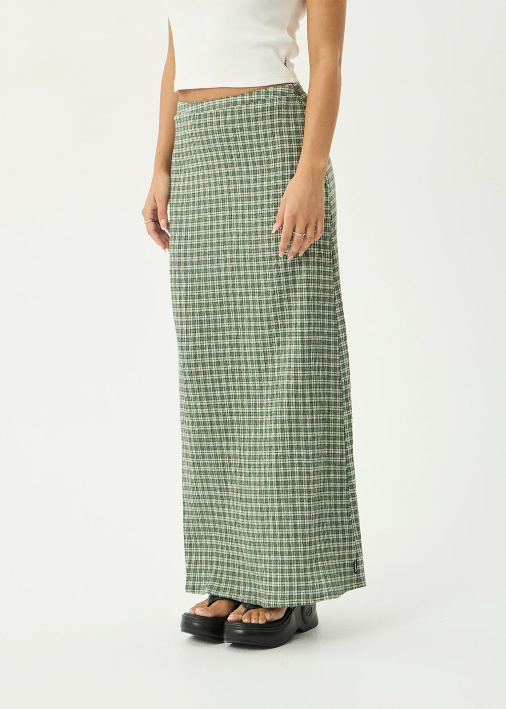 AFENDS Womens Lita - Seersucker Maxi Skirt - Base Deep Green Check