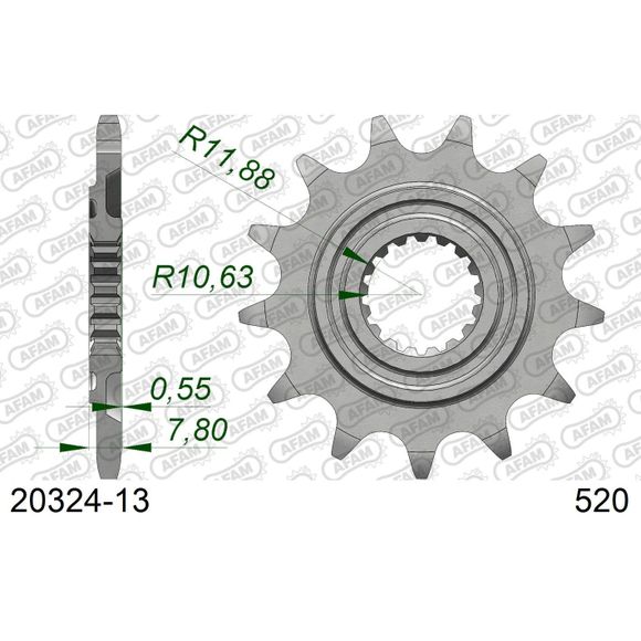 Gearbox output pinion AFAM STEEL 520 - 13 TEETH - GrayRef: AA0066 / 20324-13