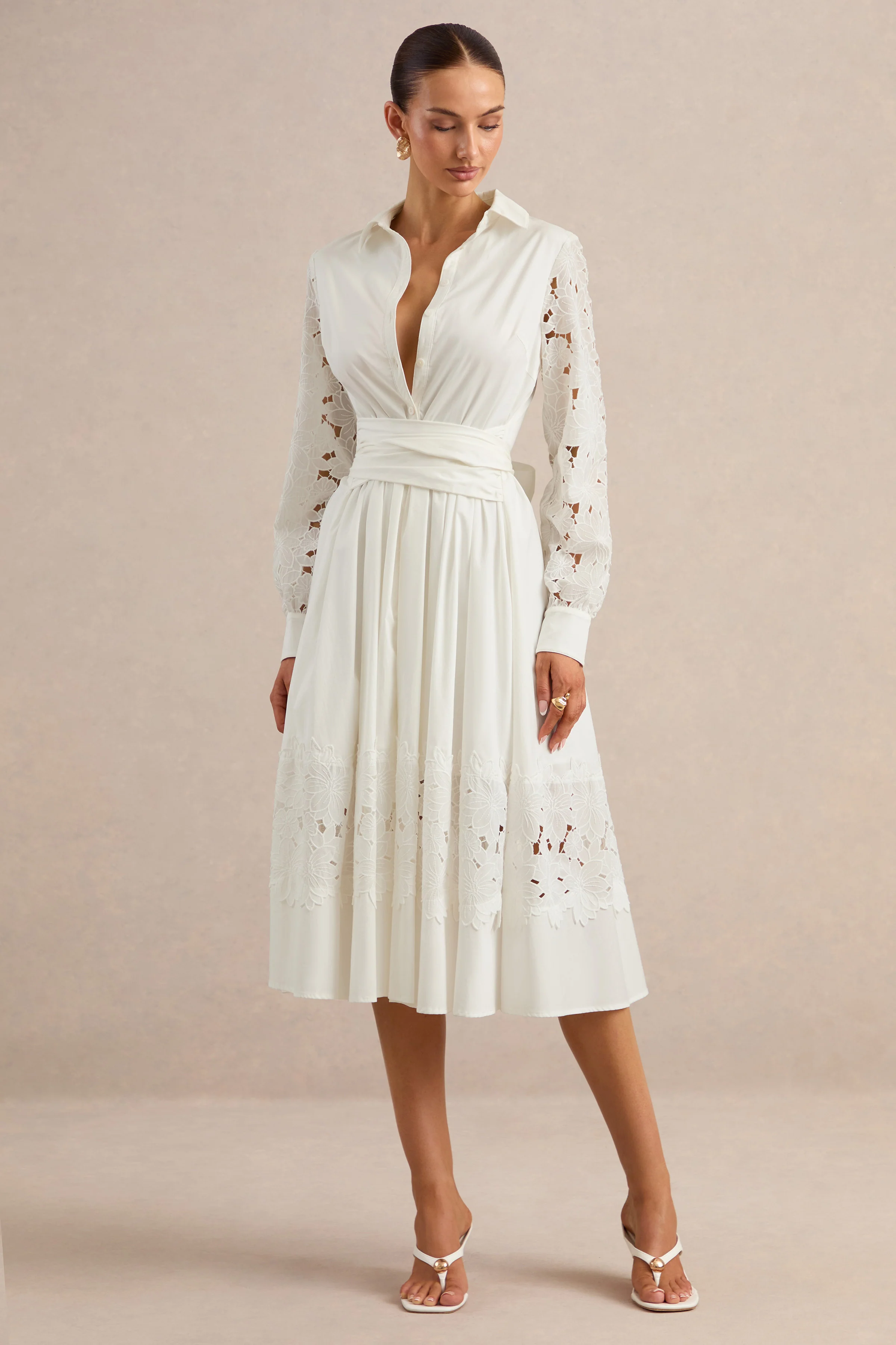 Zalynne | White Broderie Collared-Neck Midi Dress