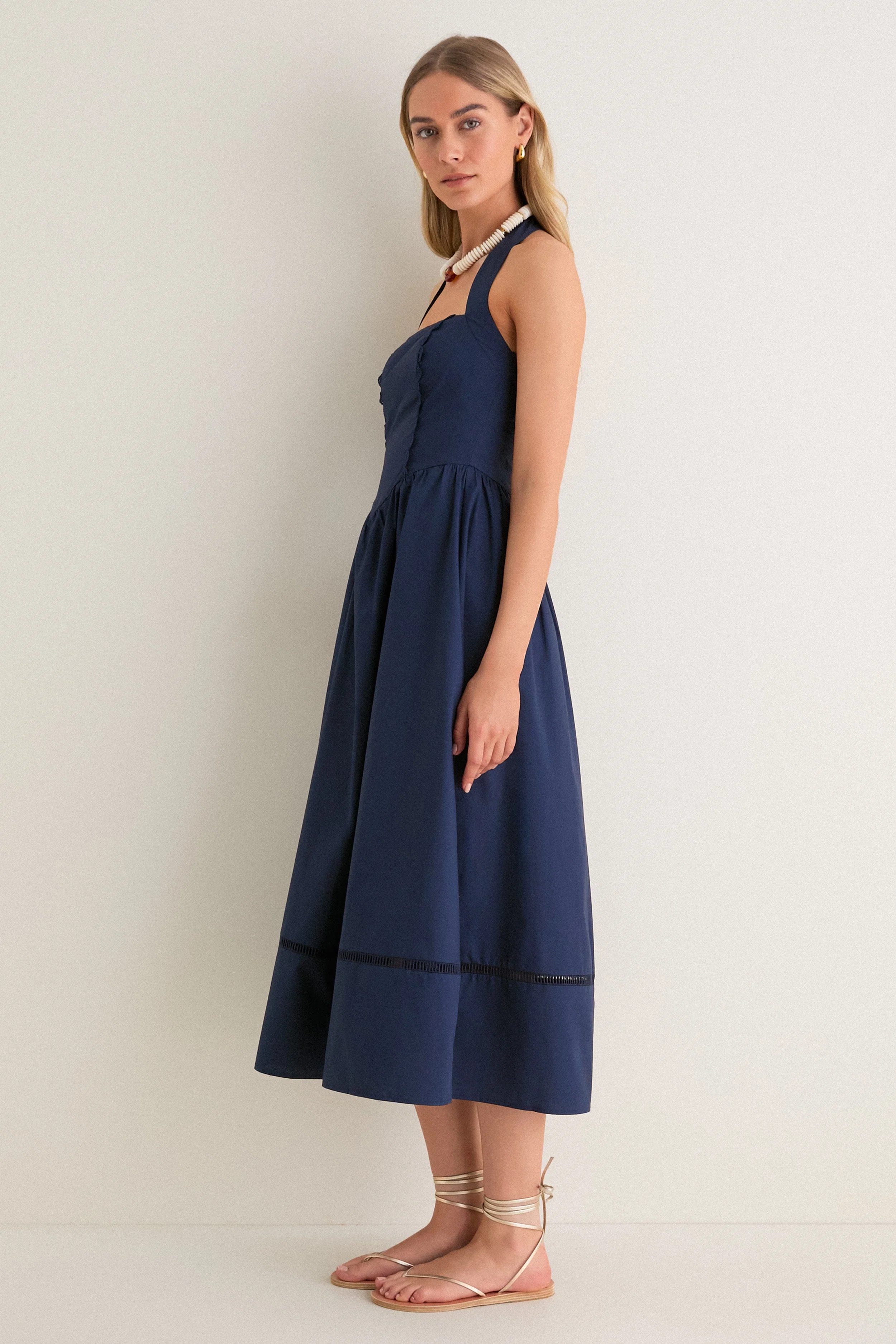 Navy Square Neck Halter Midi Dress