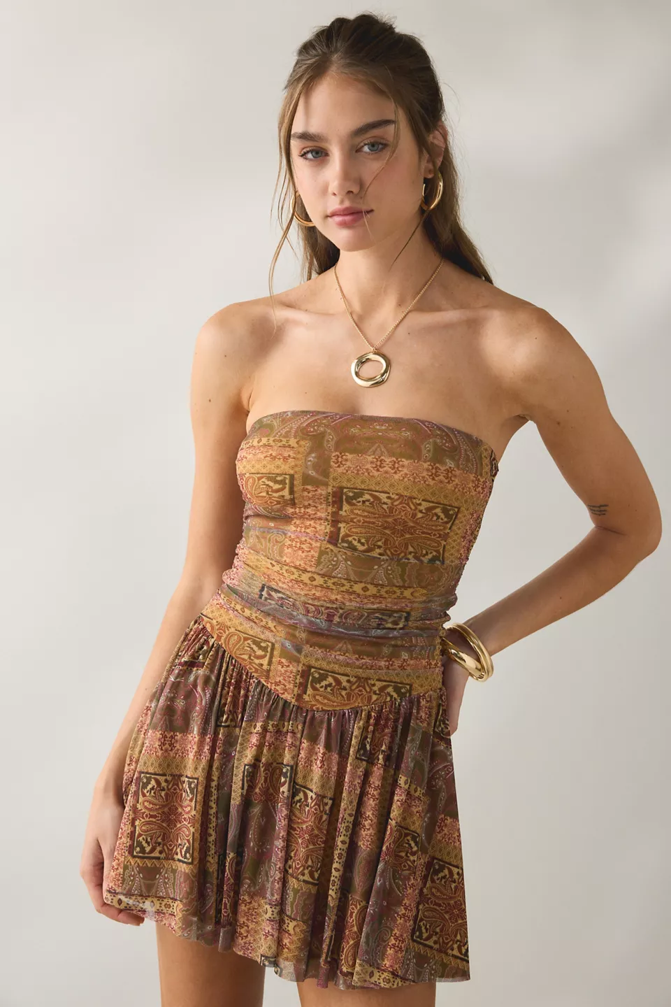 UO Modern Mesh Basque Waist Strapless Mini Dress