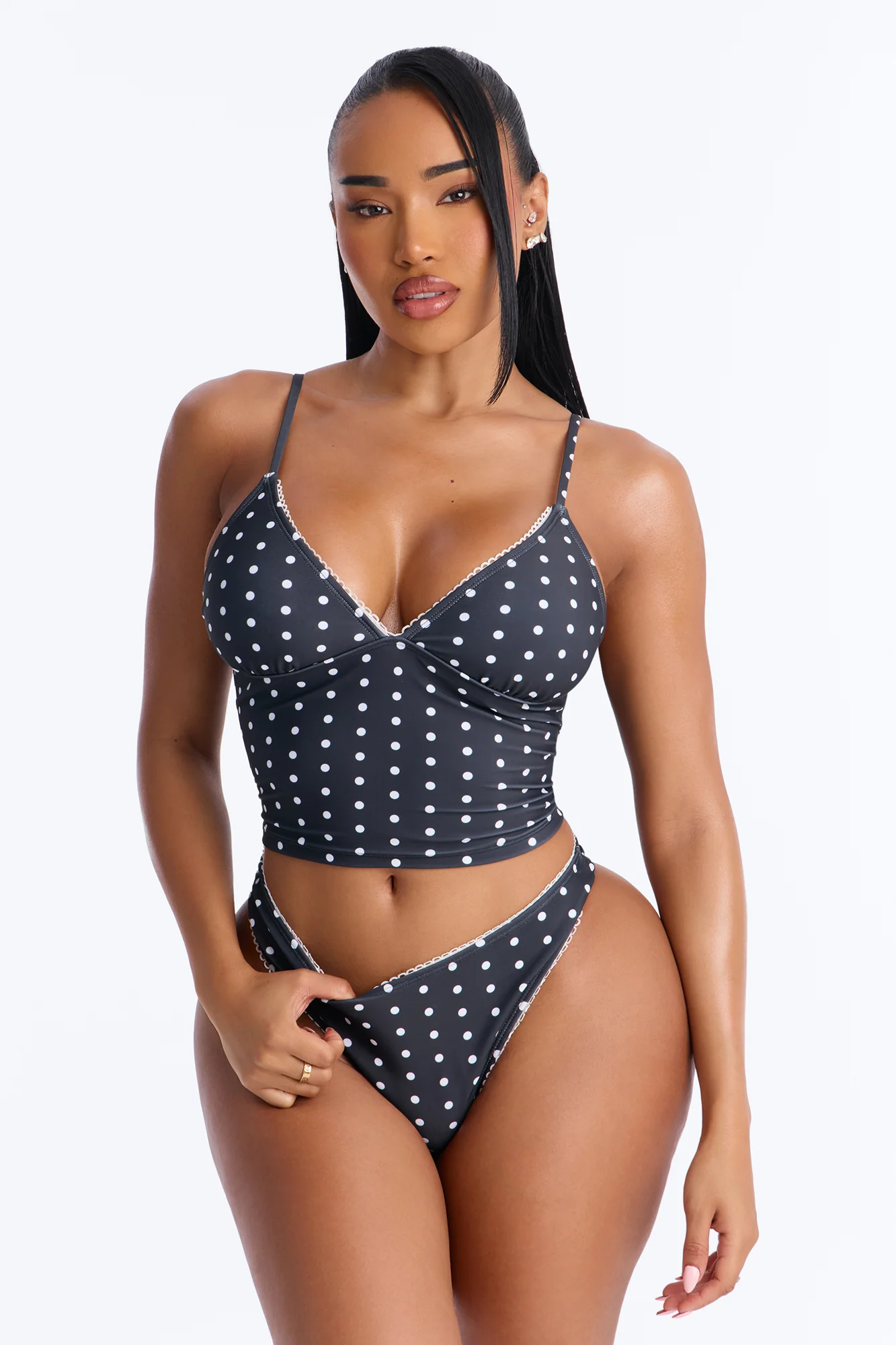 Fatima Polka Dot Tank Top Lace Trim 2 Piece Bikini - Black/combo