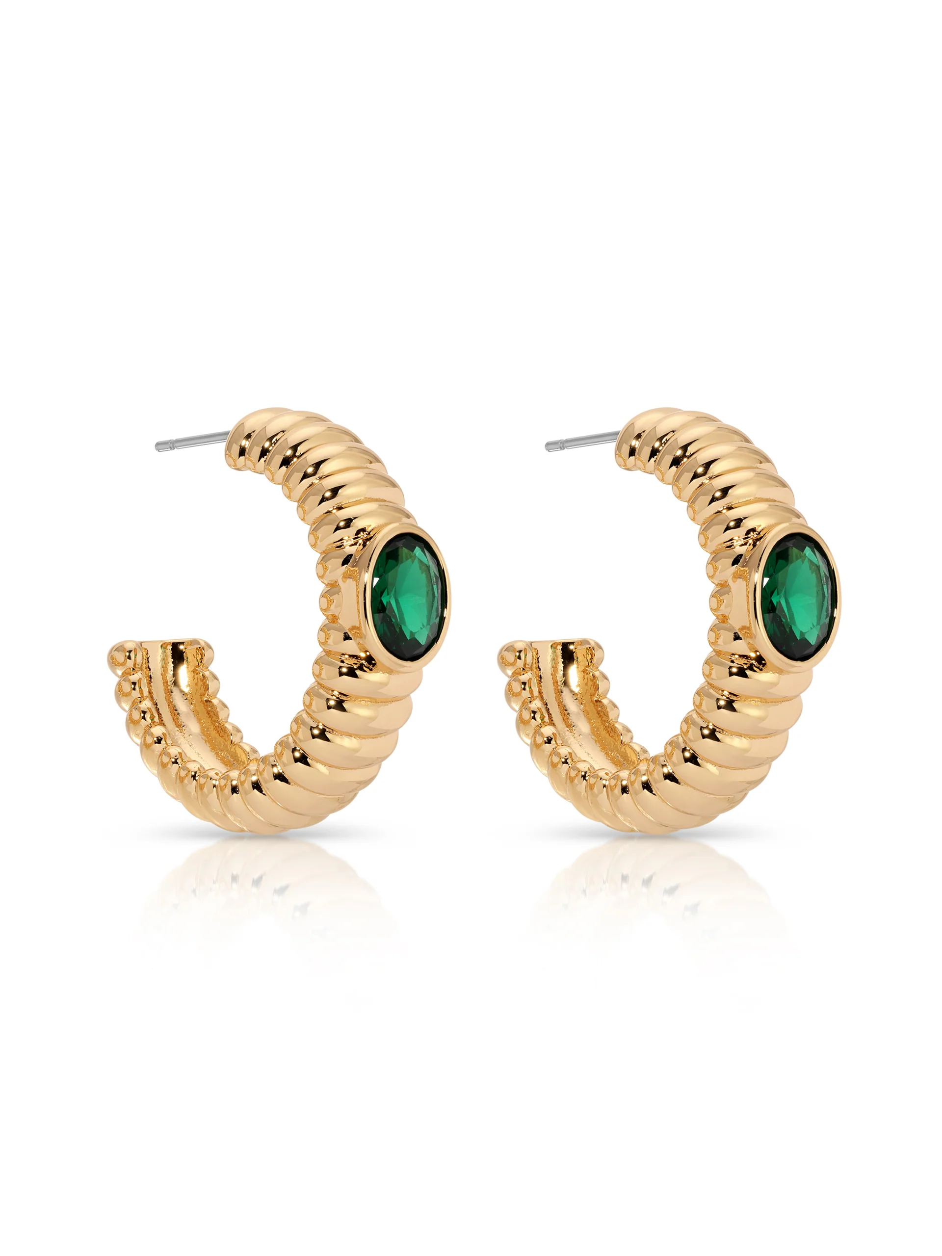 Ribbed Emerald Large Hoops