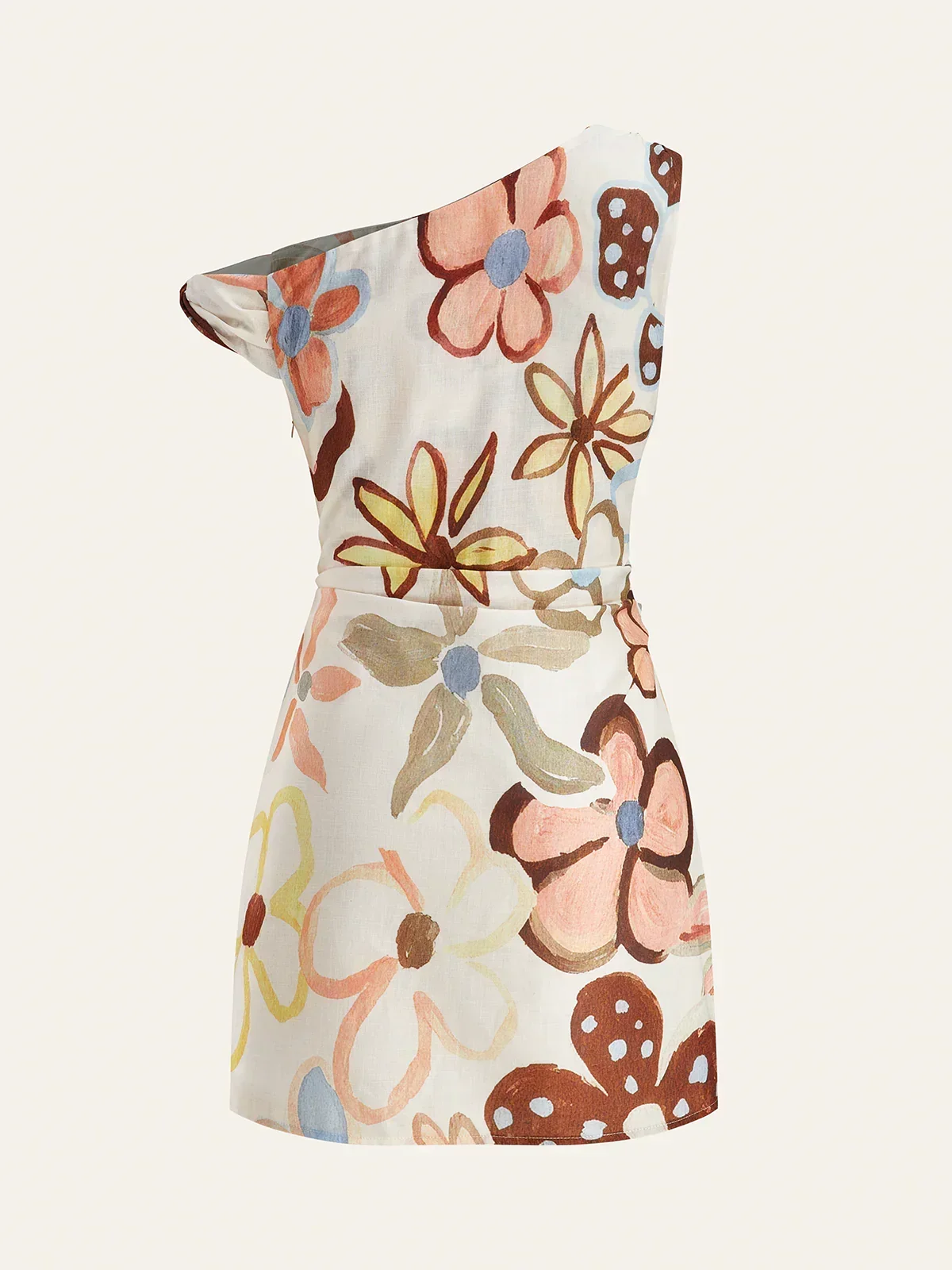 Asymmetric Neck Belted Print Dress