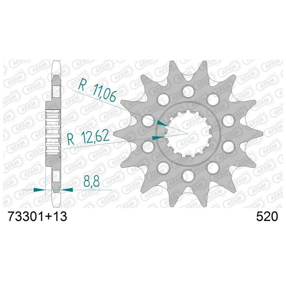 Gearbox output pinion AFAM STEEL 520 ANTI MUD 13 TEETH - GrayRef: AA0059 / 73301+13