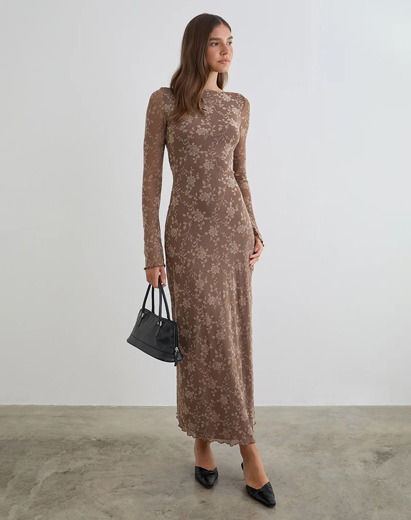 Shaleed Maxi Dress in Leafy Flock Dark Taupe