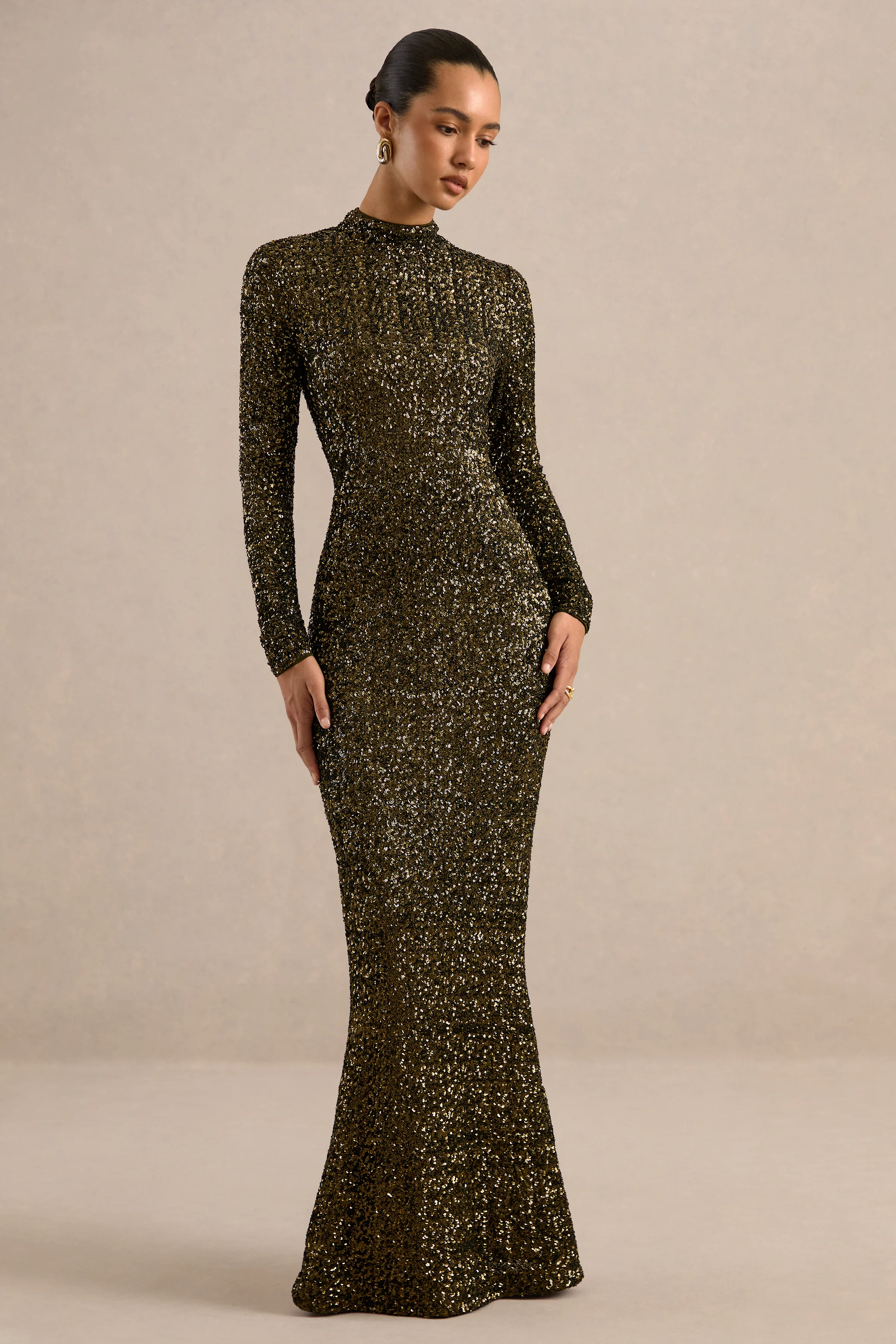 Galaxy | Khaki Sequin High Neck Long Sleeve Maxi Dress