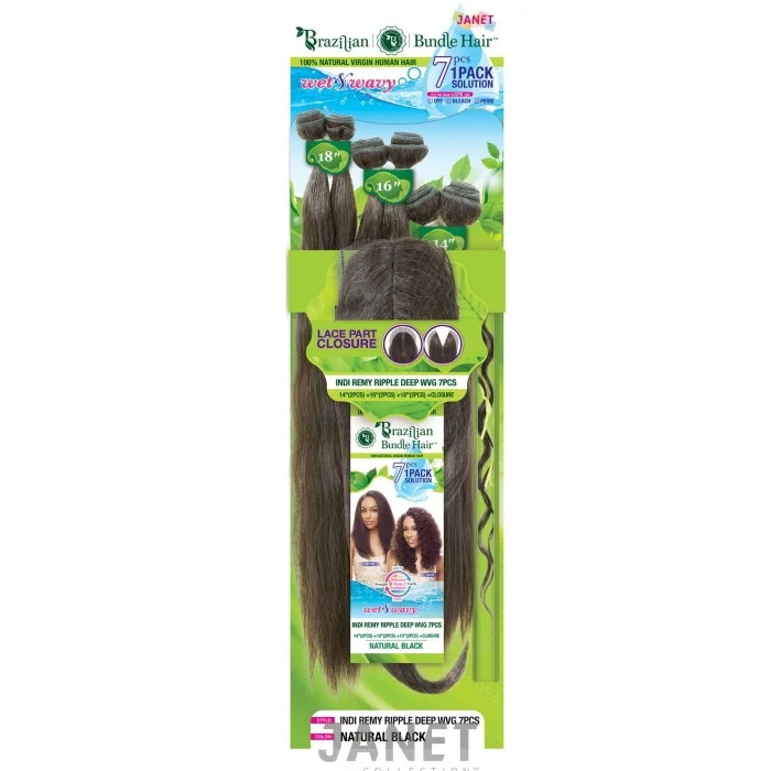 Janet Collection Brazilian Bundle 100% Natural Virgin Human Hair Wet & Wavy Weave - INDI REMY RIPPLE DEEP WVG 7Pcs