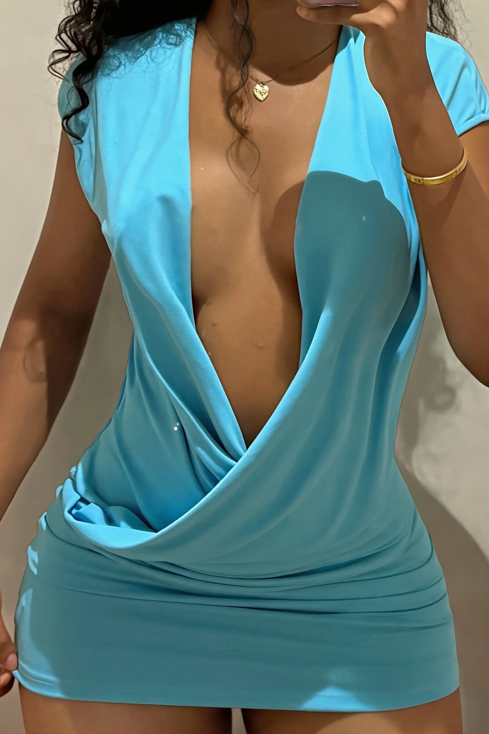 Deep V Cross Cowl Neck Cap Sleeve Ruched Bodycon Mini Dress