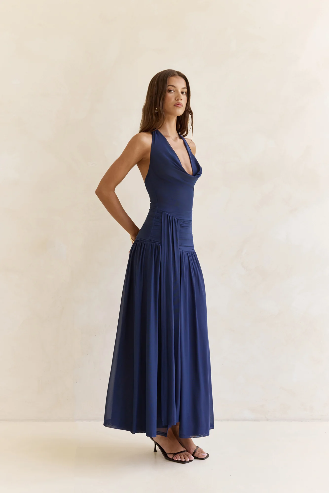 Dancing Skies Mesh Halter Maxi Dress Navy