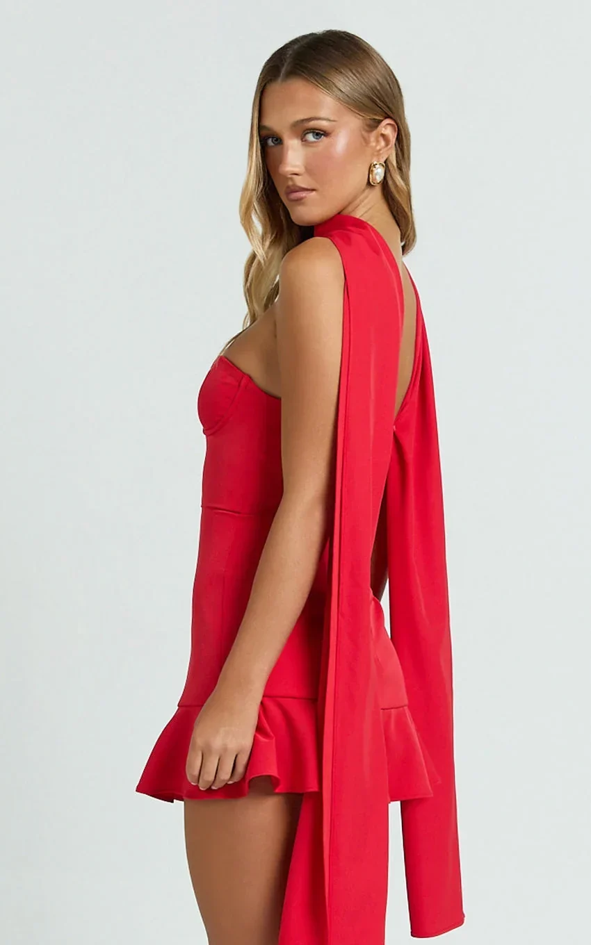 Rhea Mini Dress - Strapless Bustier Fit Bodice Drop Waist Frill Hem Skirt in Raspberry