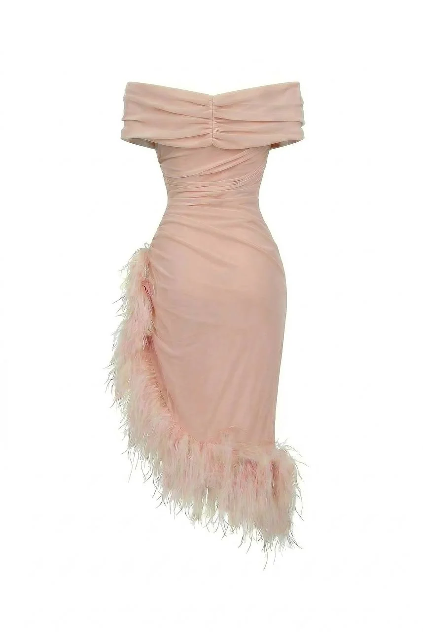 Velvet Pink Midi Dress with Feathers