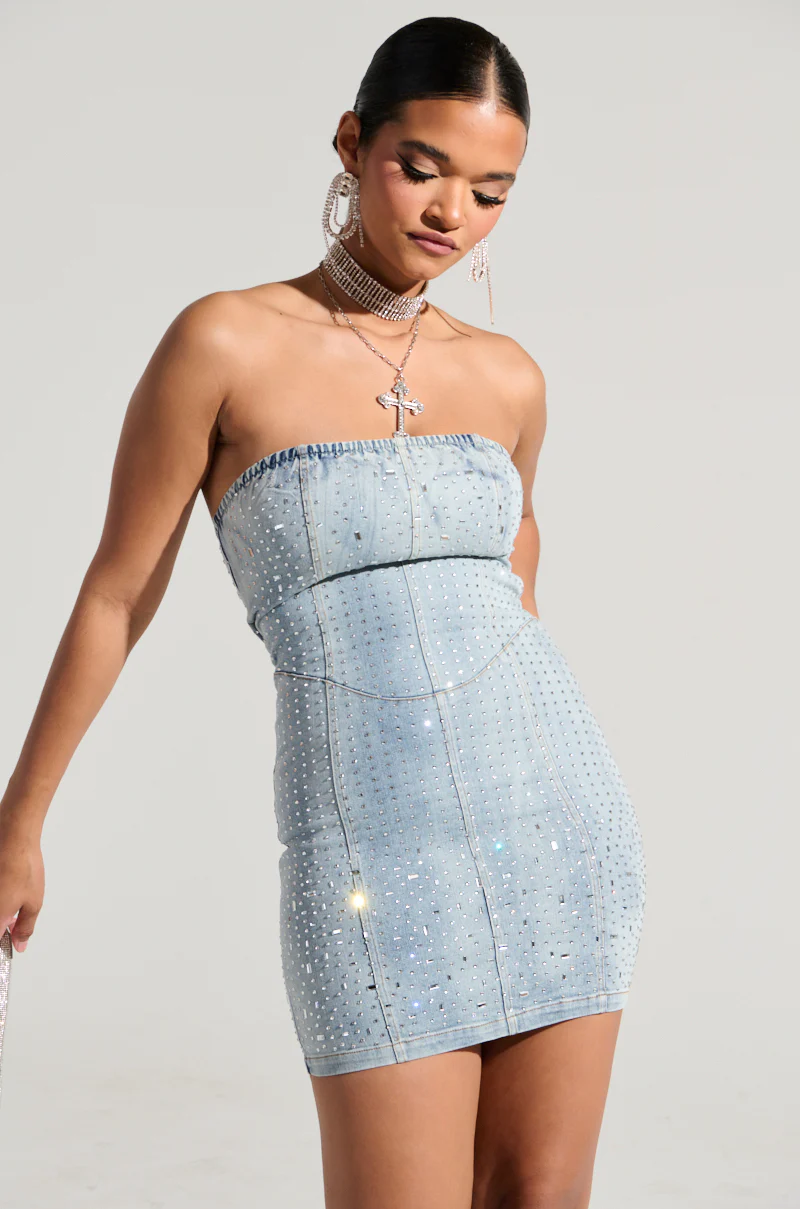 Just Wanna Rock Denim Rhinestone Mini Dress