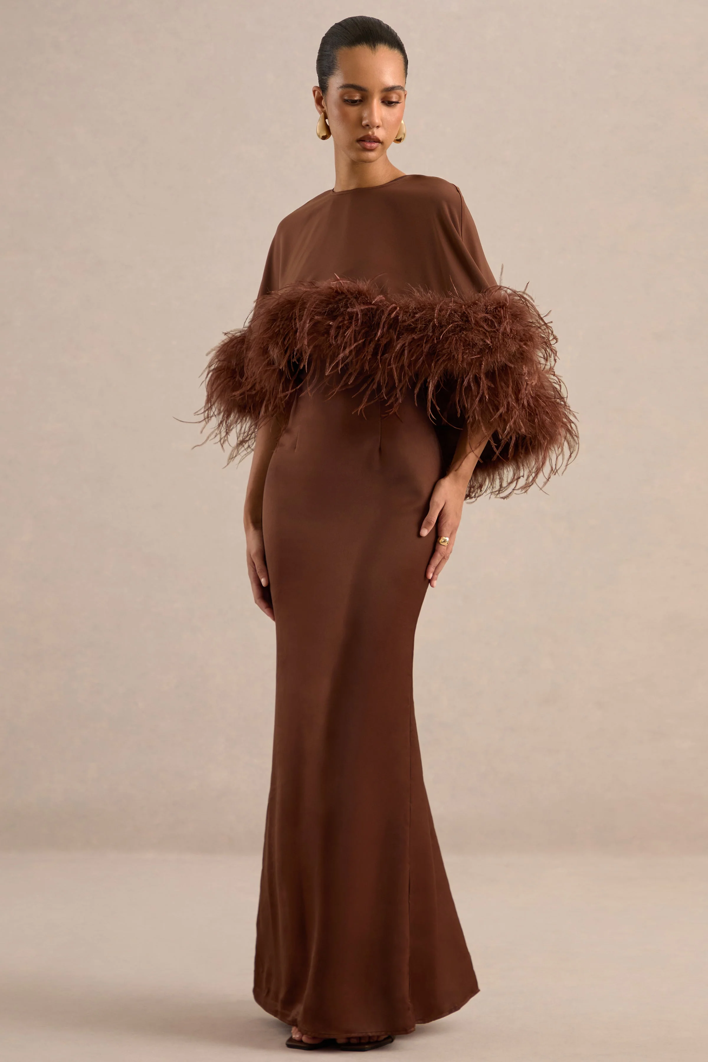 Tervessa | Brown Satin Round Neck Long Sleeve Cape With Feather Detailing