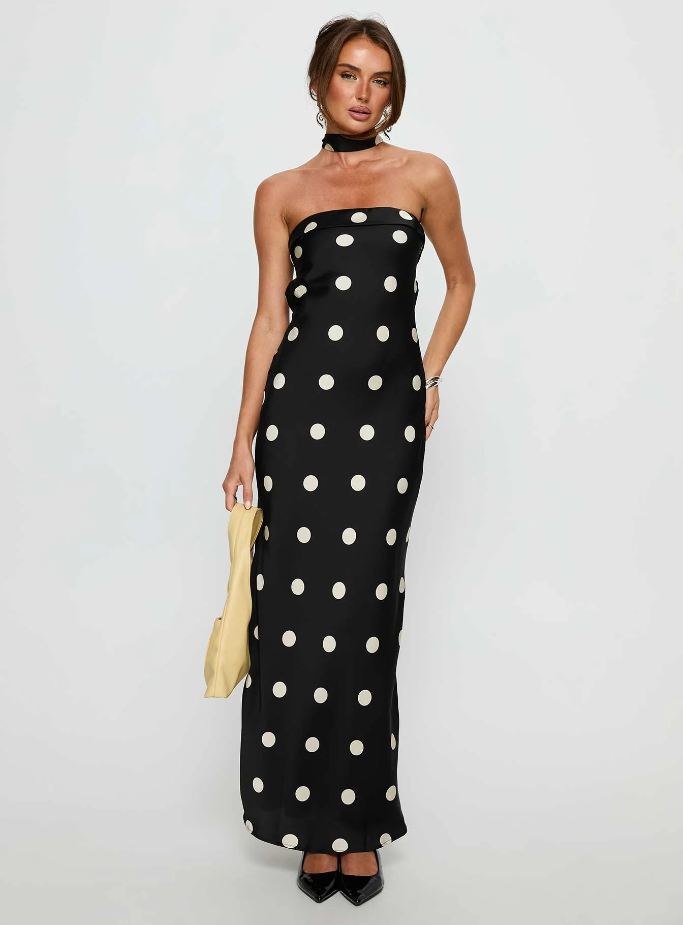 Madilaine Strapless Scarf Maxi Dress Black / Polka Dot