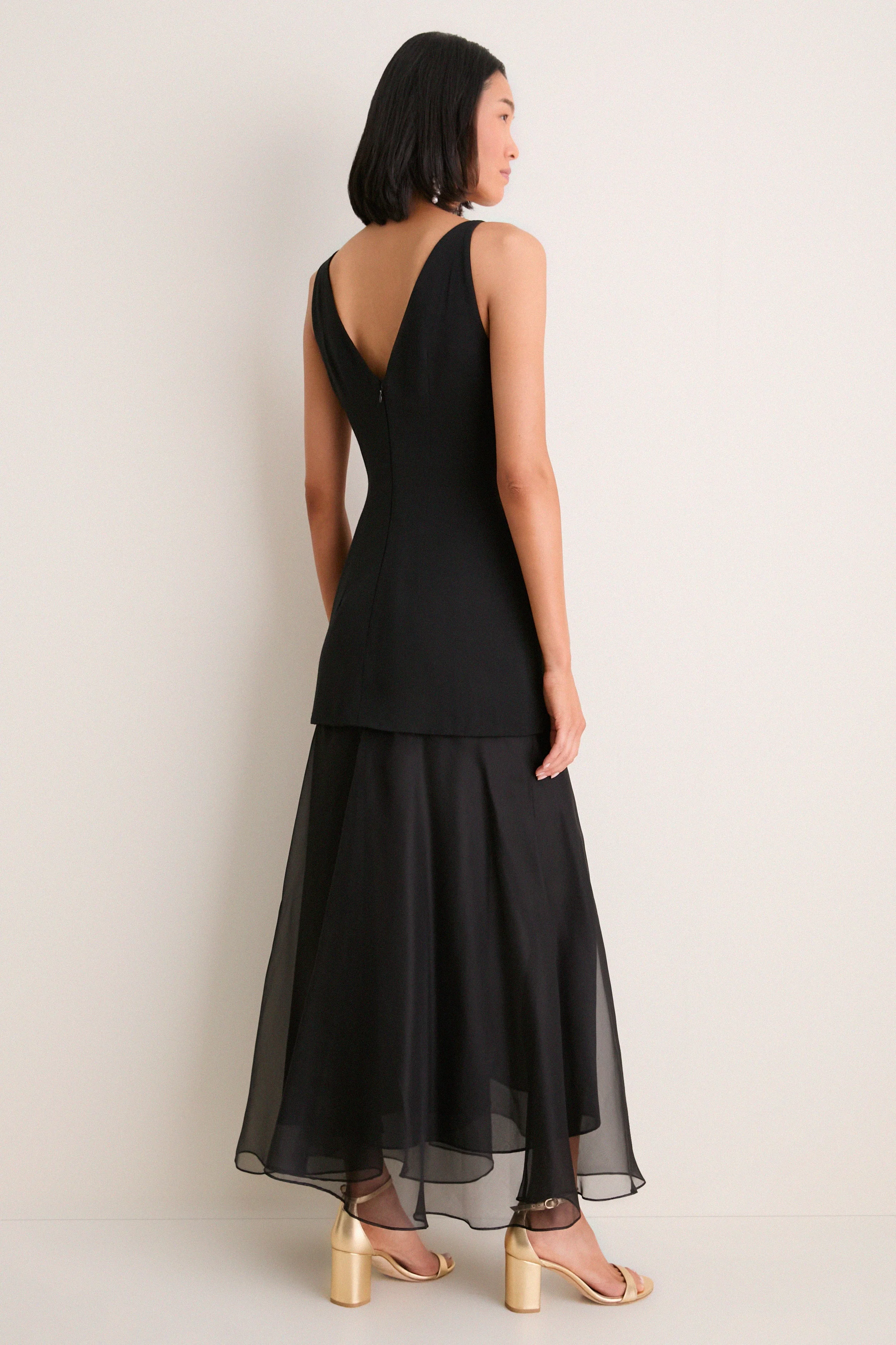 Black and Pink Peony Embroidered V Neck Dress