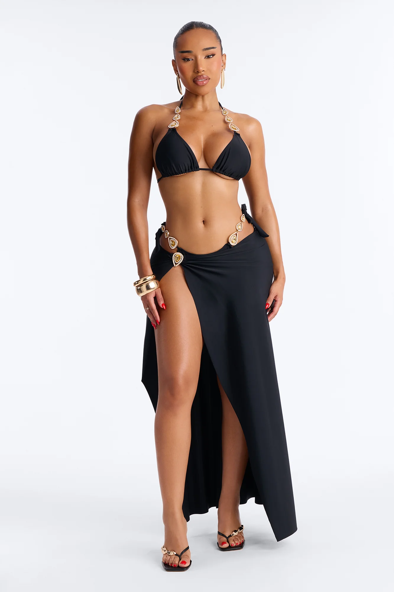 Take Me To Cancun Hardware High Slit 3 Piece Bikini Skirt Set - Black
