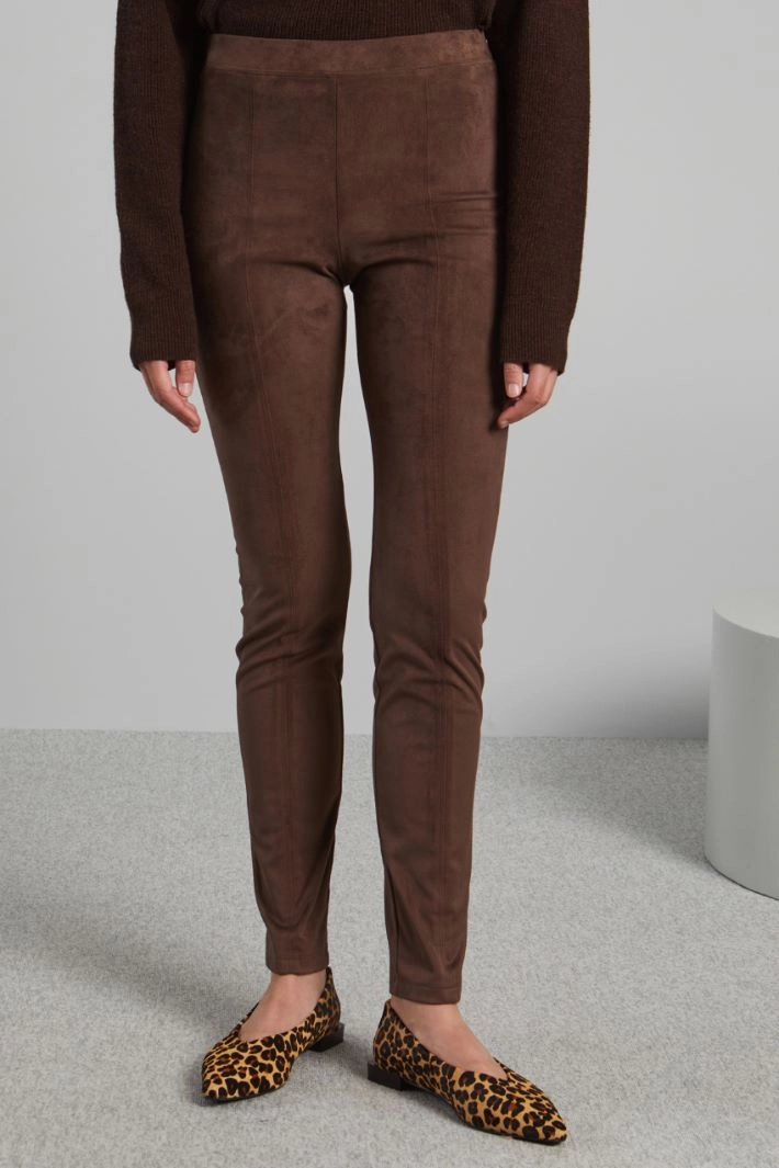 Velvet-effect jersey skinny trousers - DARK BROWN