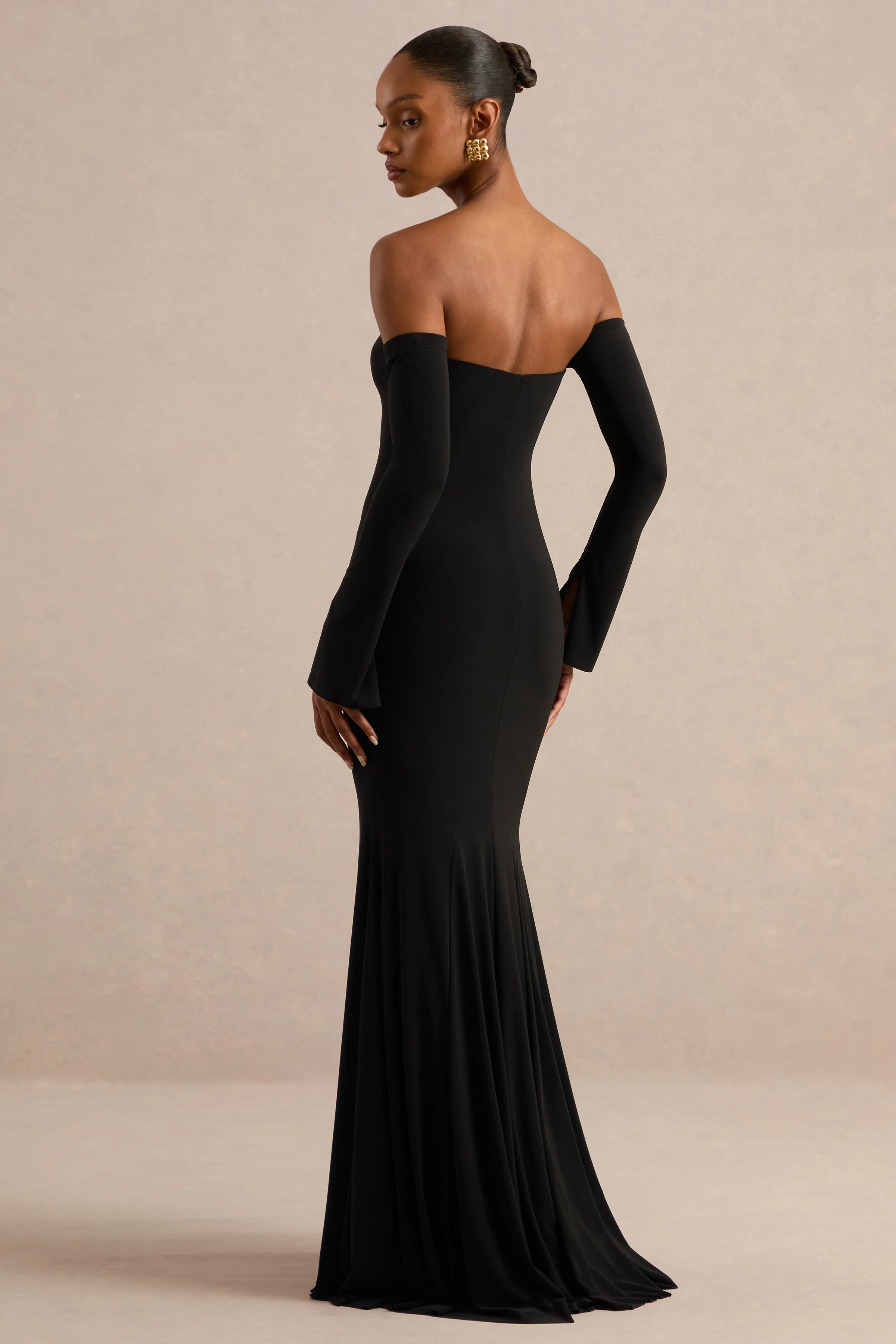 Gaelline | Black Jersey Bardot Long Sleeve Maxi Dress