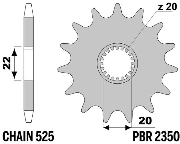 Gearbox output pinion PBR standard steel 2350 - 525 14 teethBENELLI 400 IMPERIALE 400 - 2019 - 2025Ref: Pbr01636A / 1151198001
