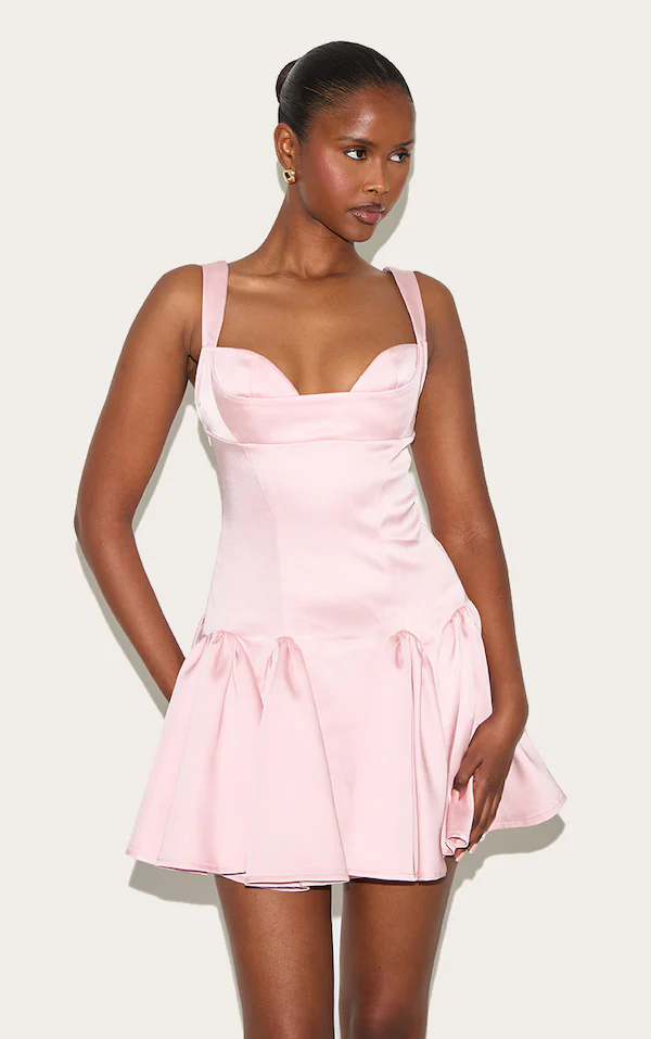 Baby Pink Bust Detail Pleated Shift Dress