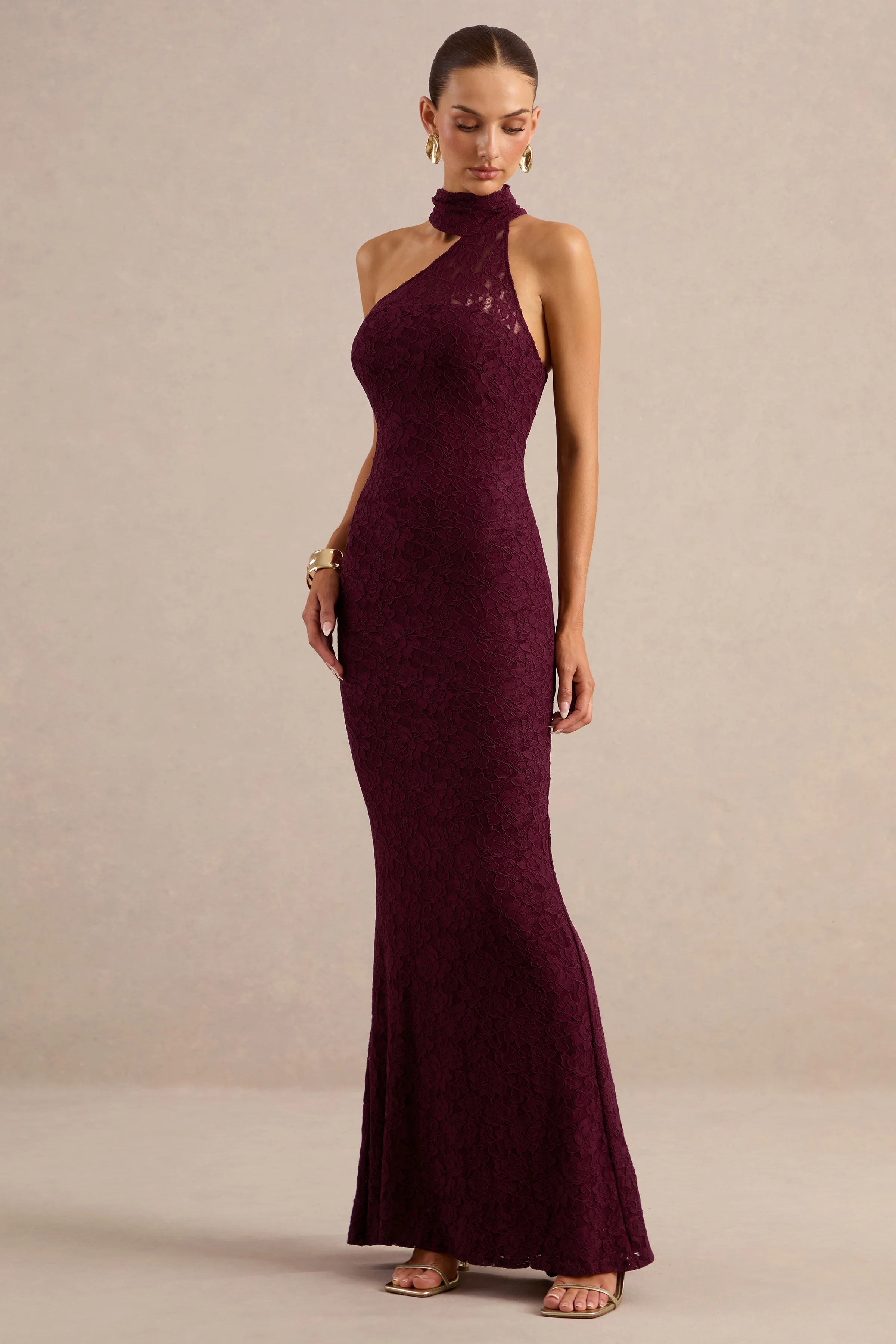 Almaria | Burgundy Lace Asymmetric-Neck Maxi Dress With Collar-Detail