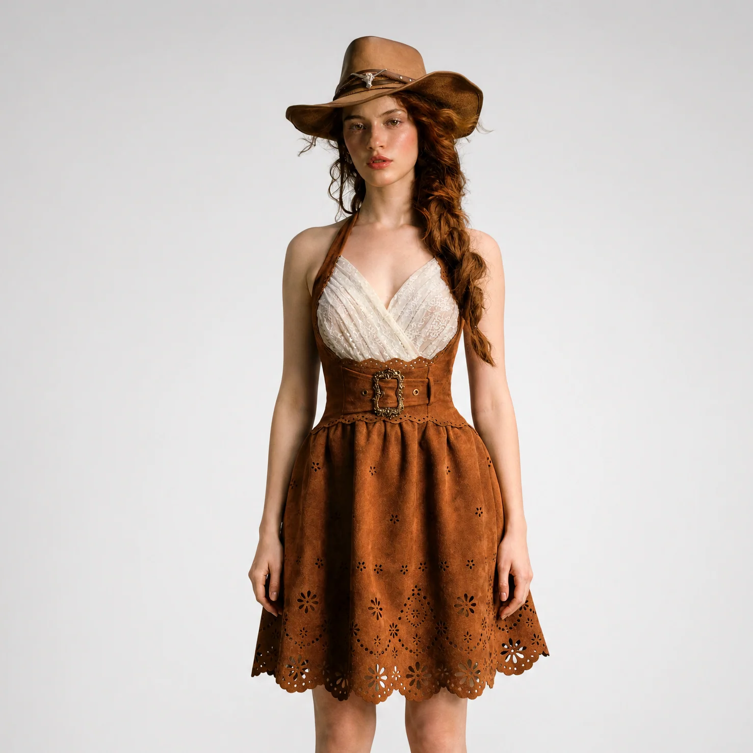 Laser-Cut Suede Lace Dress