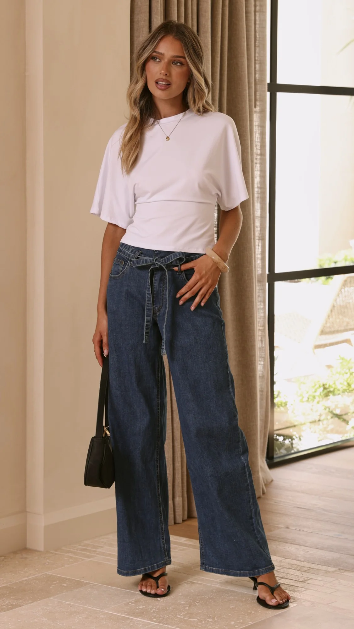 Vicky Tie Waist Straight Leg Jeans - Dark Wash