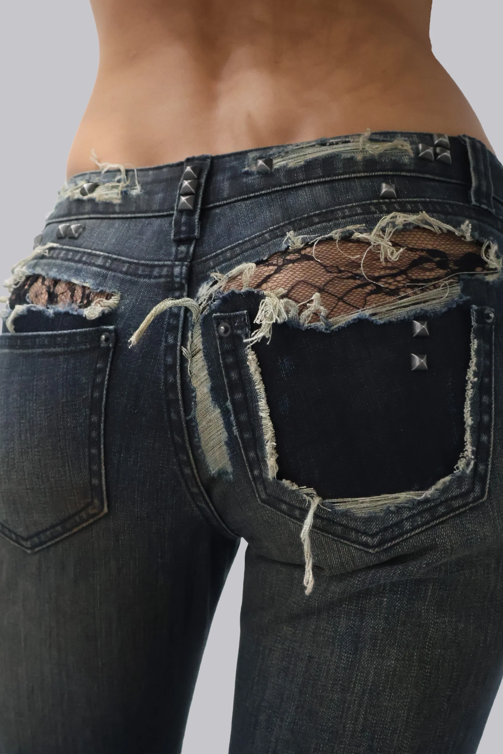 Tori Distressed Lace Low Rise Straight Leg Jeans in Dark Wash
