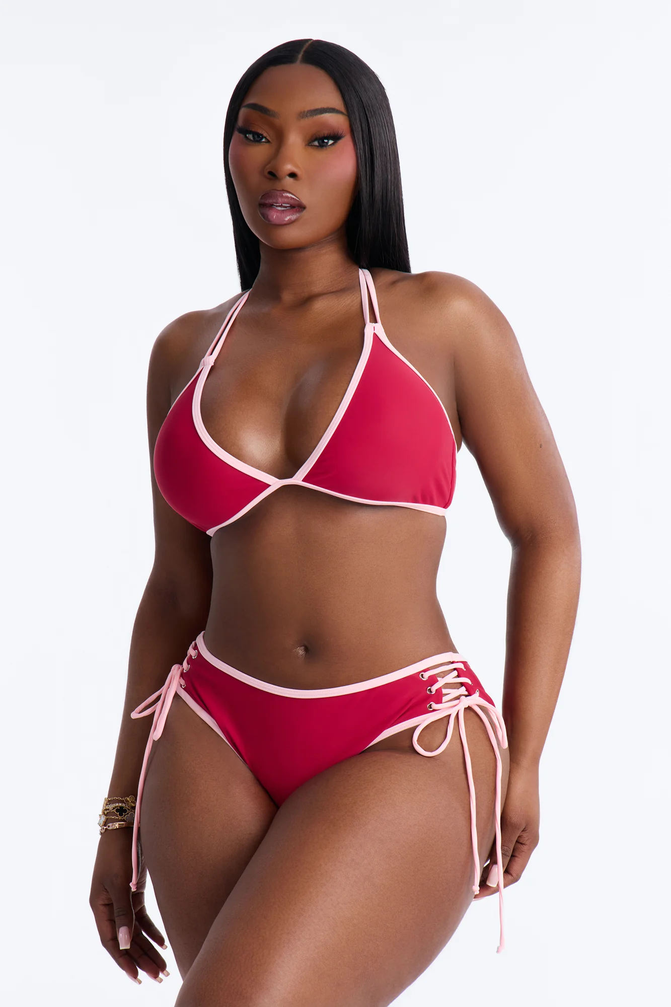 Tropical Tea Underwire Contrast Criss Cross Lace Up 2 Piece Bikini - Burgundy/combo