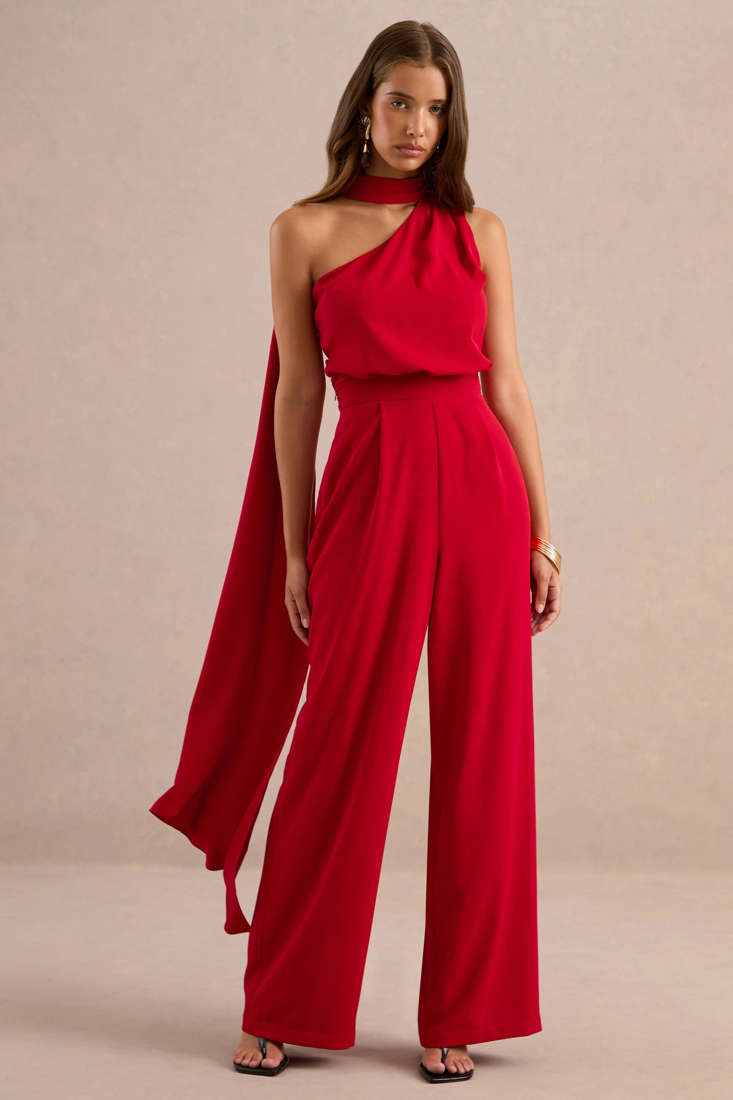 Gliselle | Red One Shoulder Jumpsuit With Scarf Detail