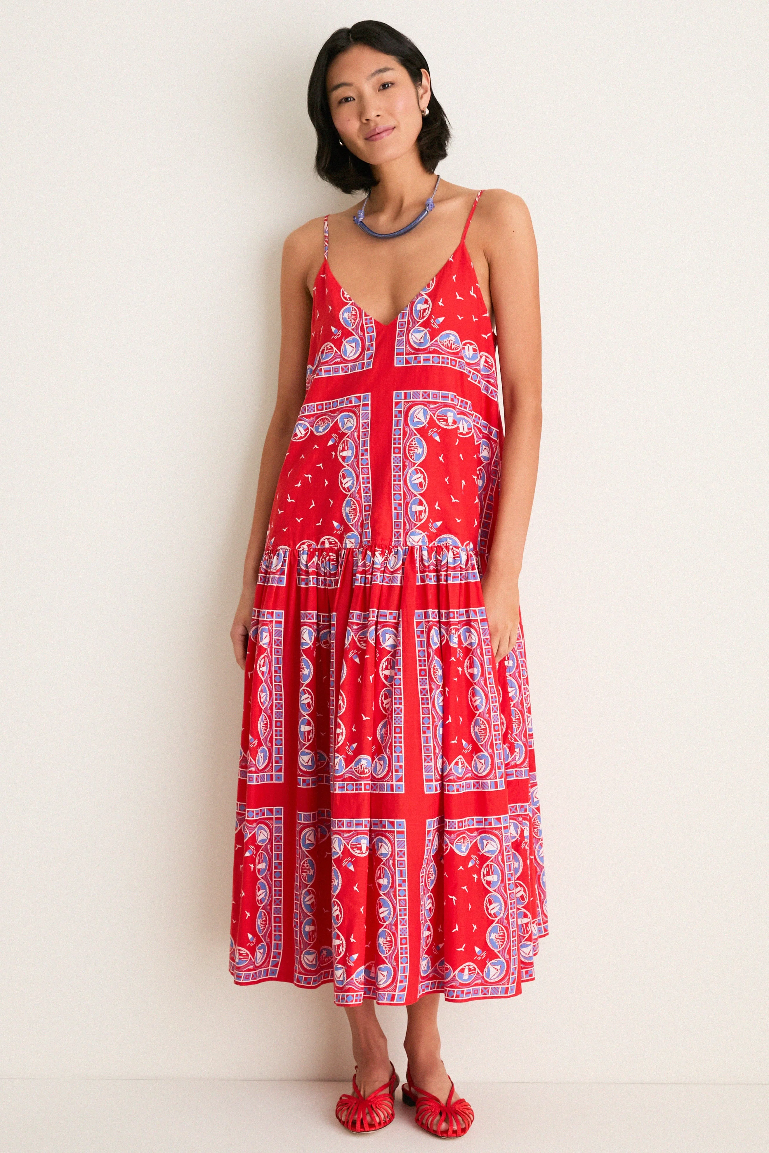 Red Sailboat Bandana Drop Waist Dress
