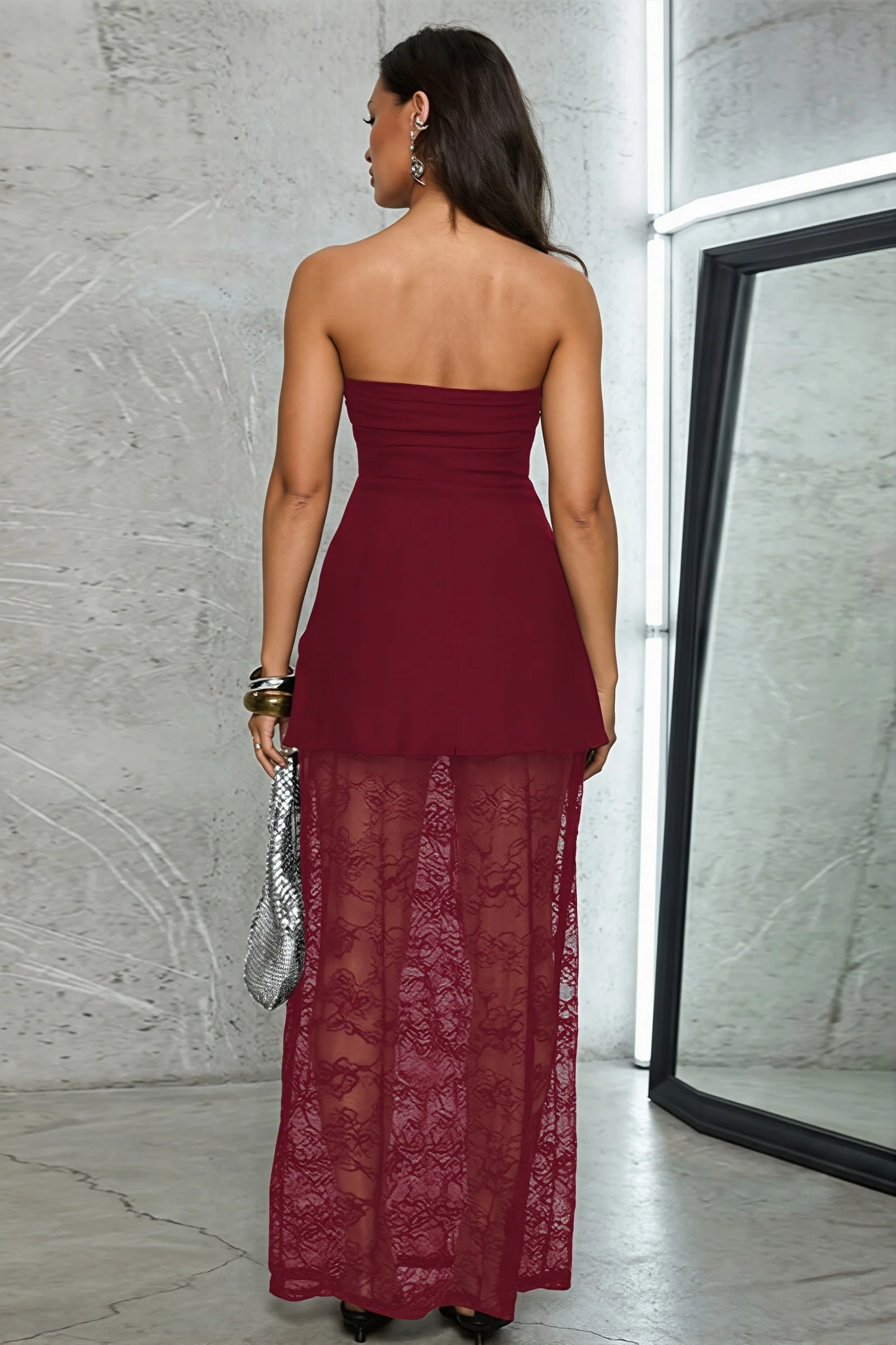 Sexy Lace Insert Strapless Two Piece Set Maxi Dress