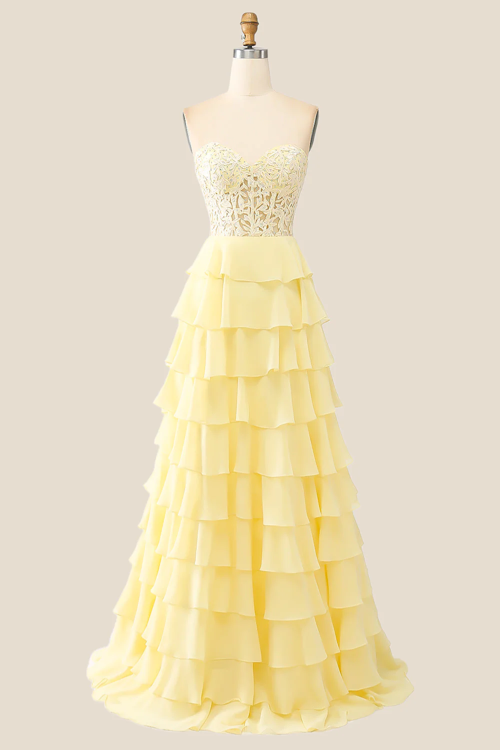 Sweetheart Yellow Appliques Tiered Ruffles Dress