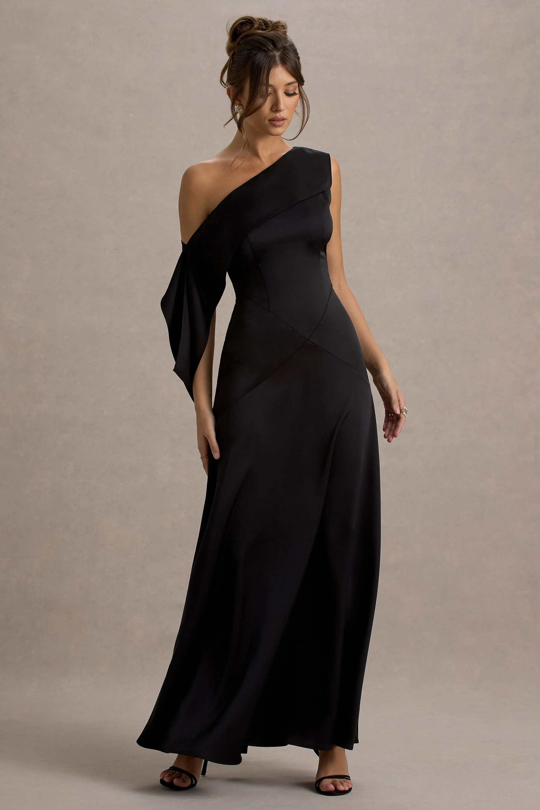 Nicola | Black Satin Asymmetric Bardot Draped Maxi Dress
