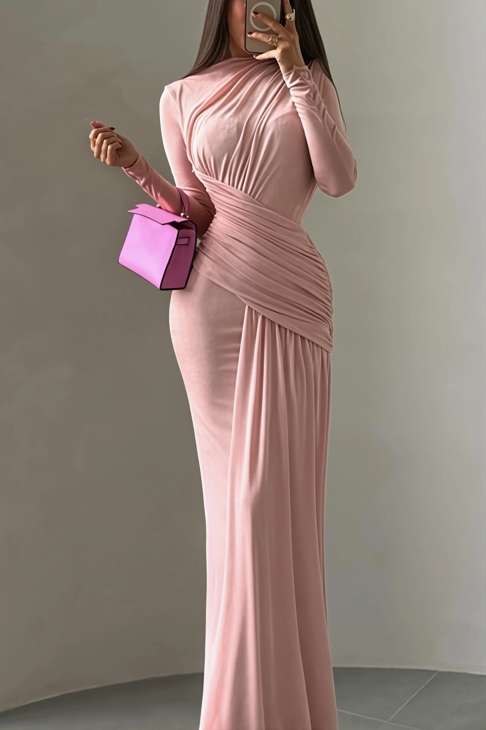 Simple Solid Long Sleeve Maxi Dress