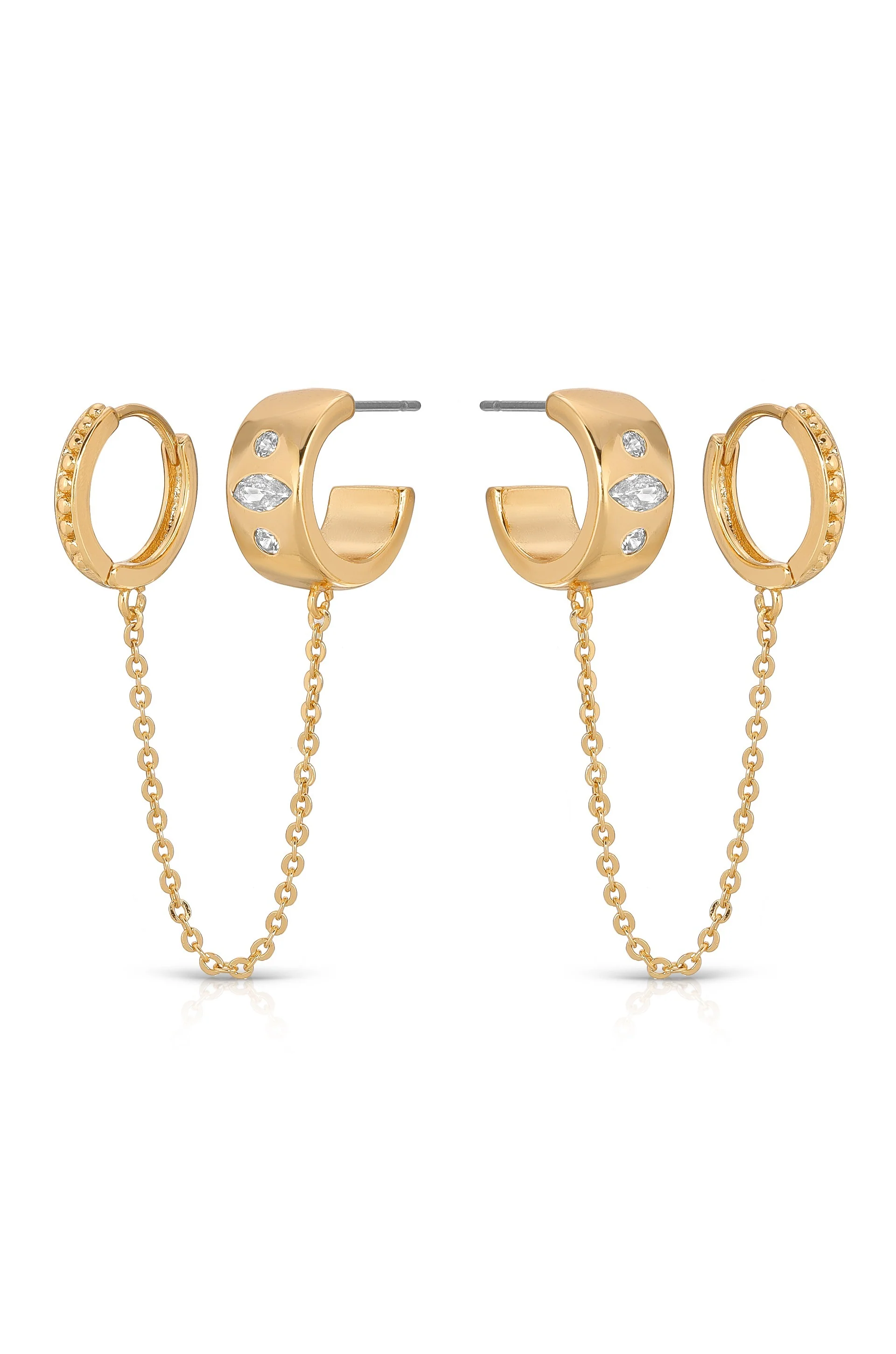 Double Piercing Bezel Crystal Dangle Earrings