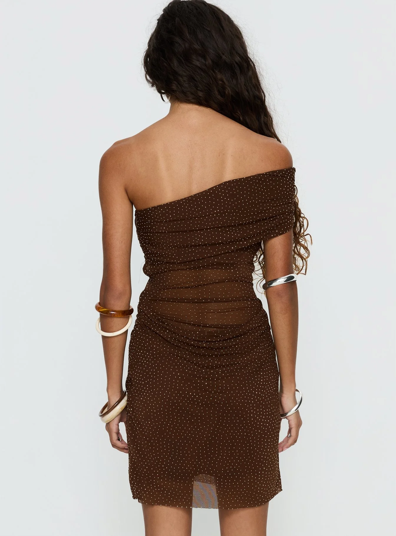 Adriessa One Shoulder Sheer Mini Dress Dark Brown Shimmer